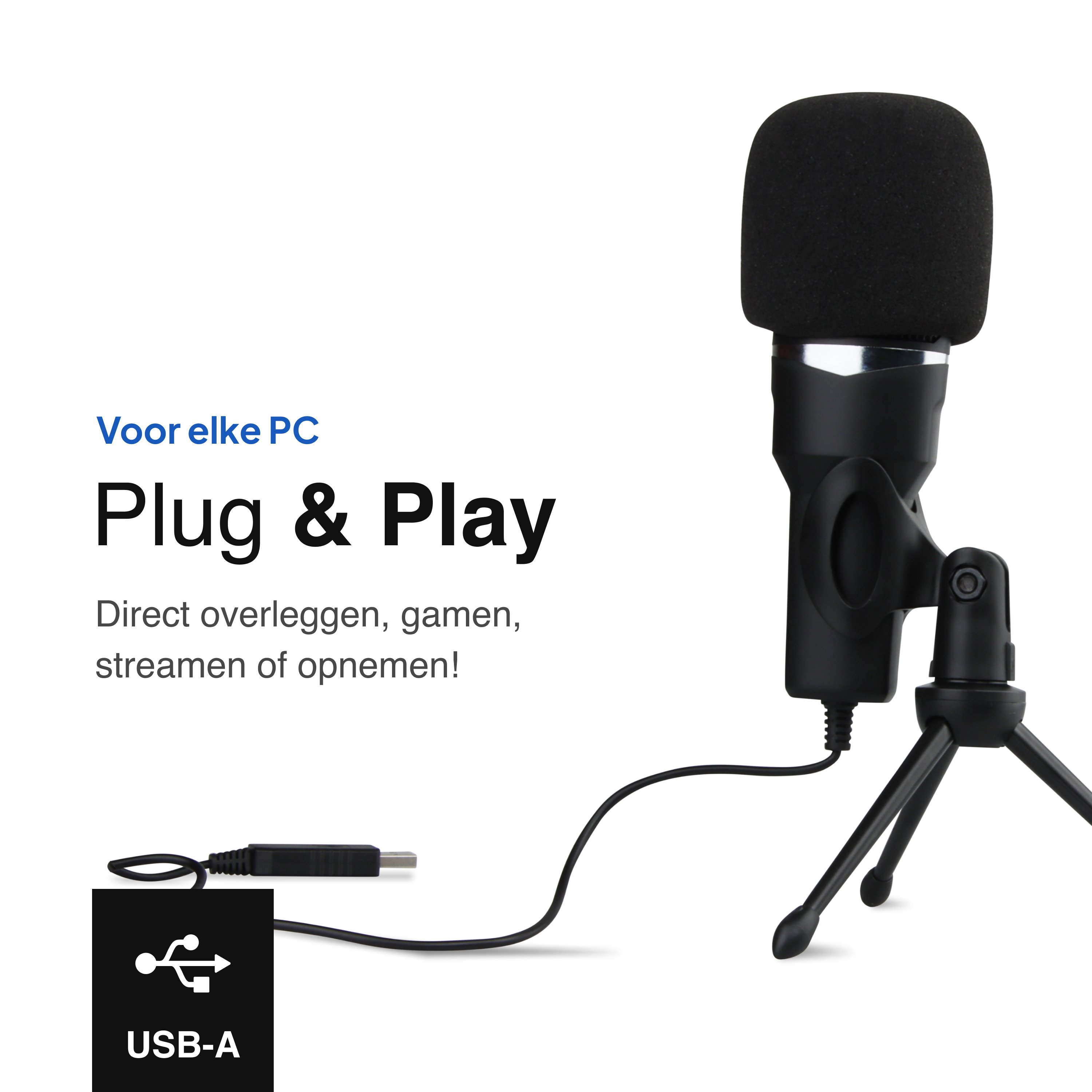 Een zwarte microfoon met schuimrubberen hoes, op een statief. Een USB-A-kabel en de tekst 'Plug & Play' zijn ook zichtbaar.