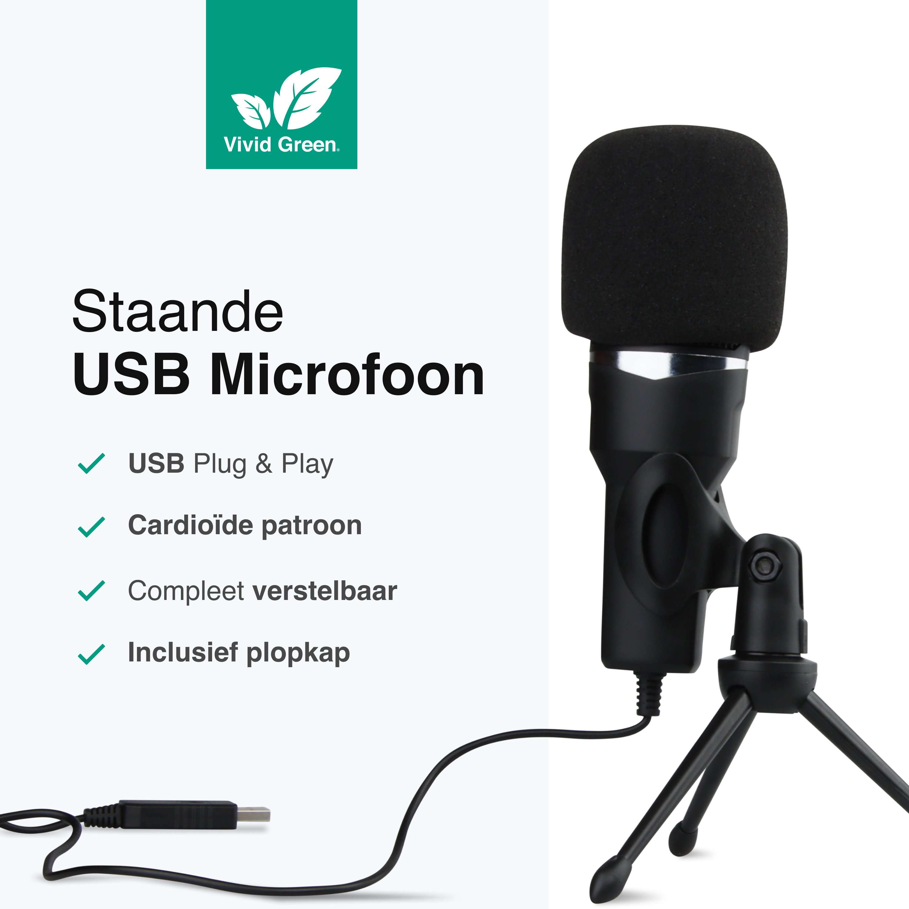 Een zwarte USB-microfoon op een standaard. De microfoon heeft een zwarte schuimrubberen hoes. Er staat ook tekst en een logo.