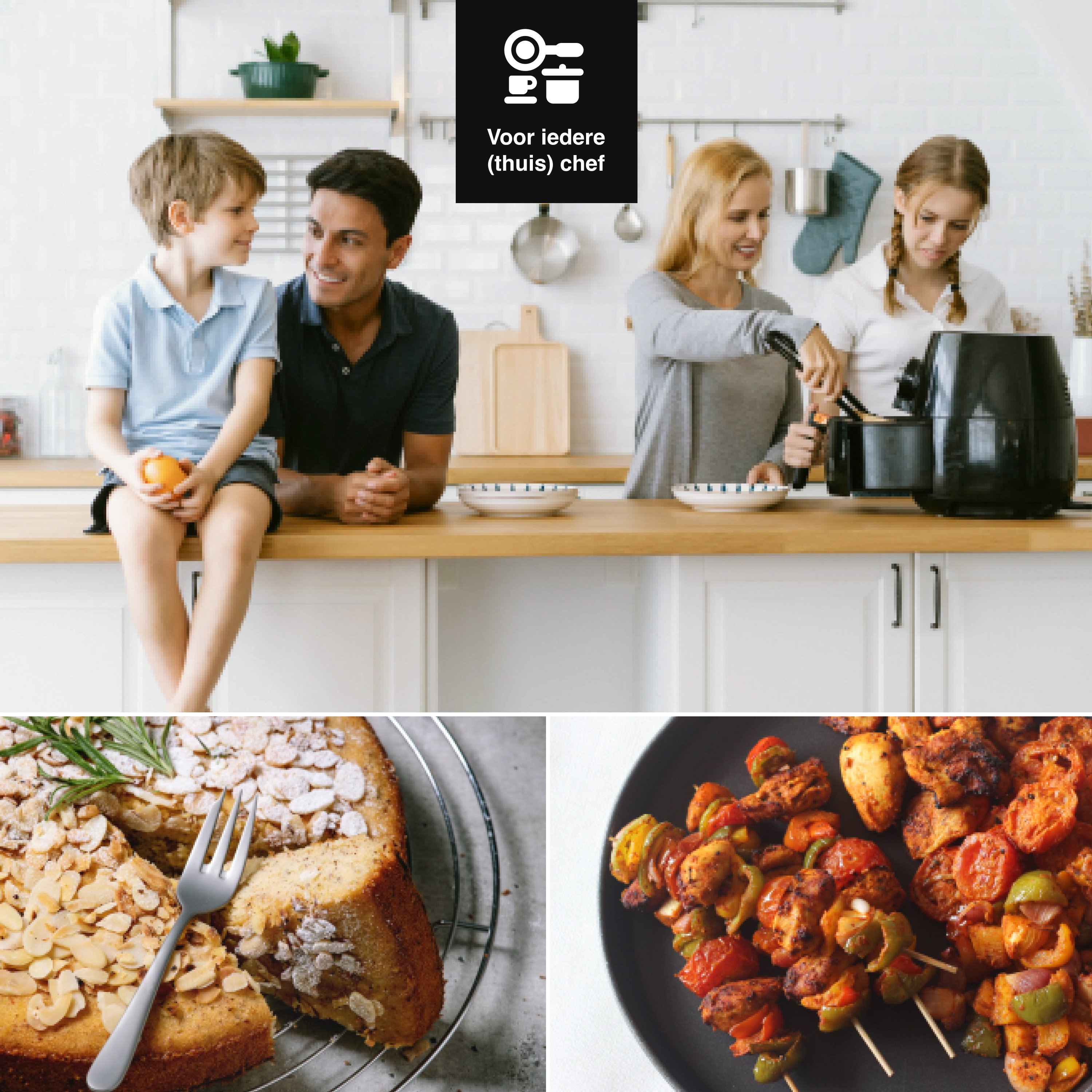 Family in kitchen, cooking with air fryer. Cake and skewers on the bottom.
