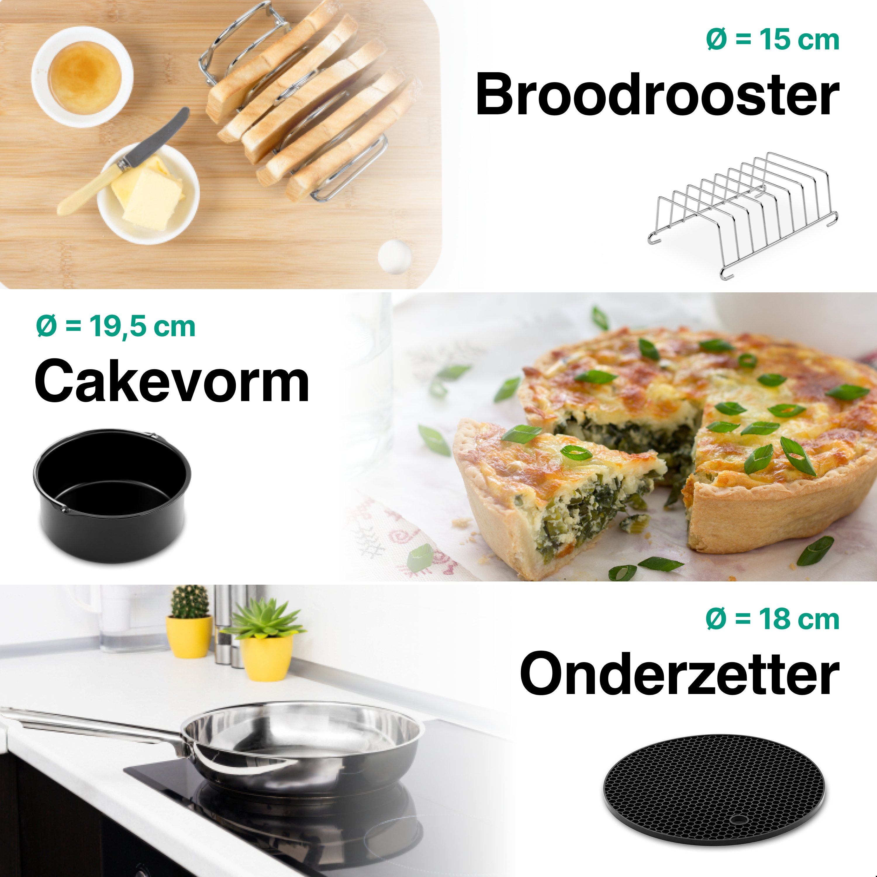 The image shows a wooden board with toast, butter, and honey. There are also a cake pan, a quiche, a coaster, and a bread rack.