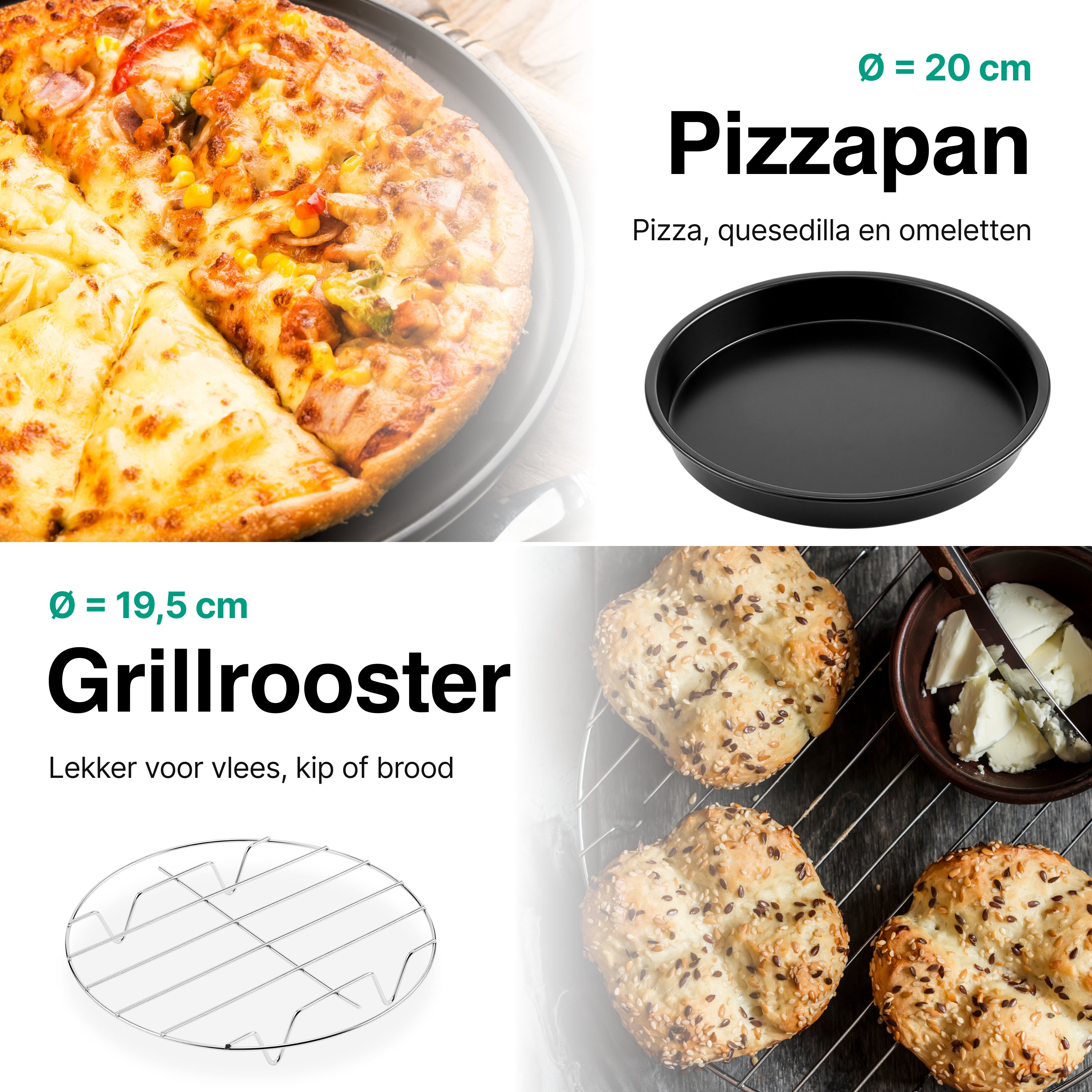 Pizza with toppings, a black pan, a grill rack with bread, and a bowl of butter with a knife.