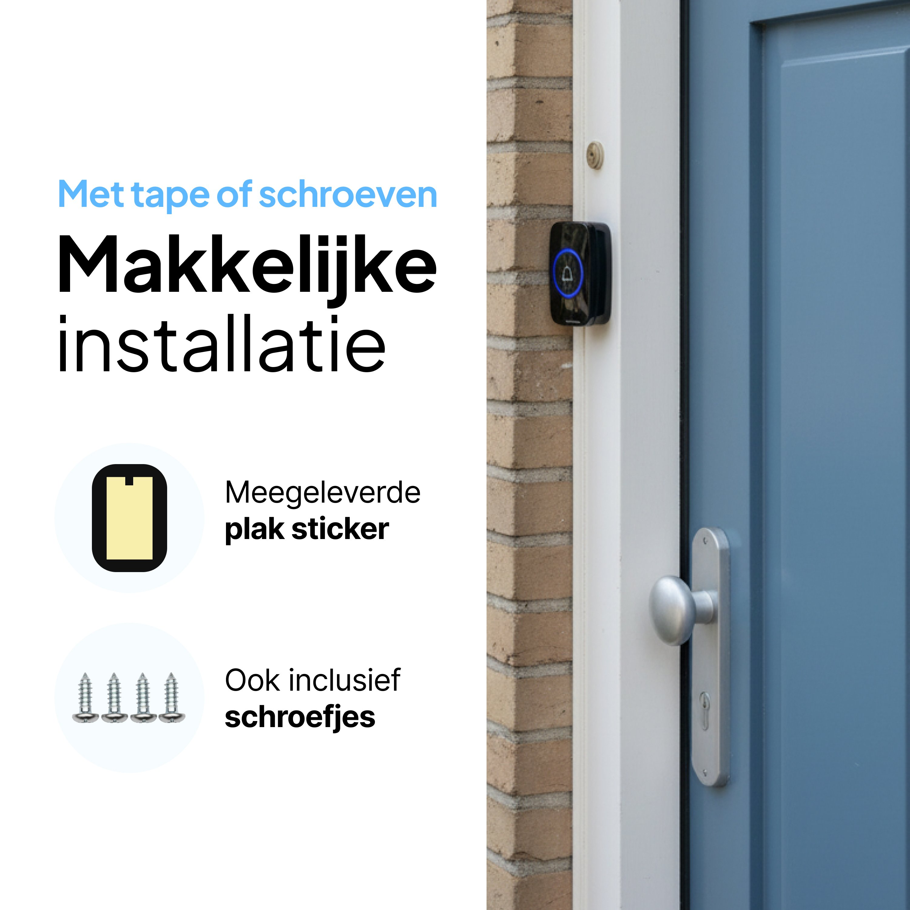 Image shows a doorbell on a brick wall, blue door, and installation instructions.