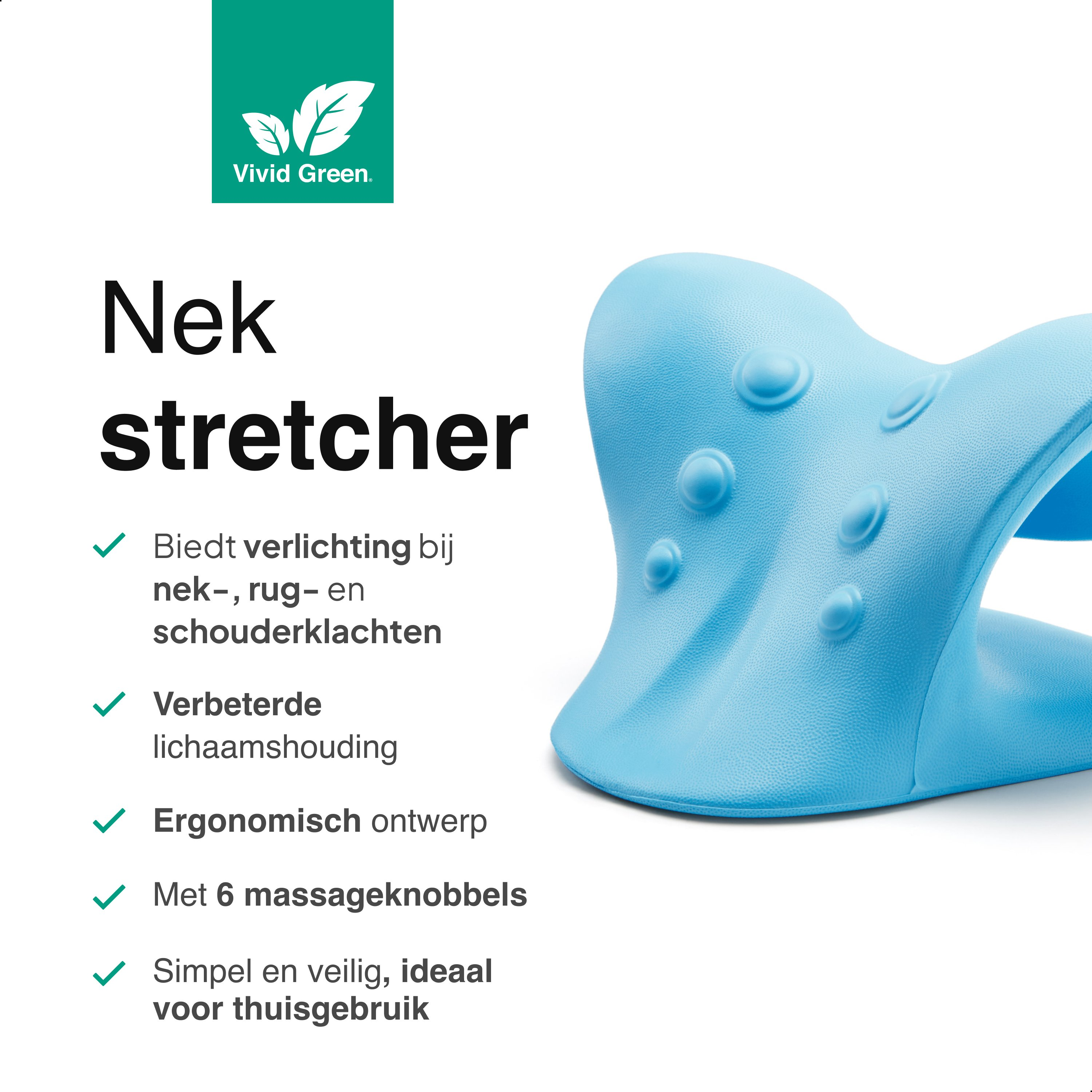 Een blauwe nekstretcher op een witte achtergrond. Nederlandse tekst beschrijft voordelen en kenmerken.