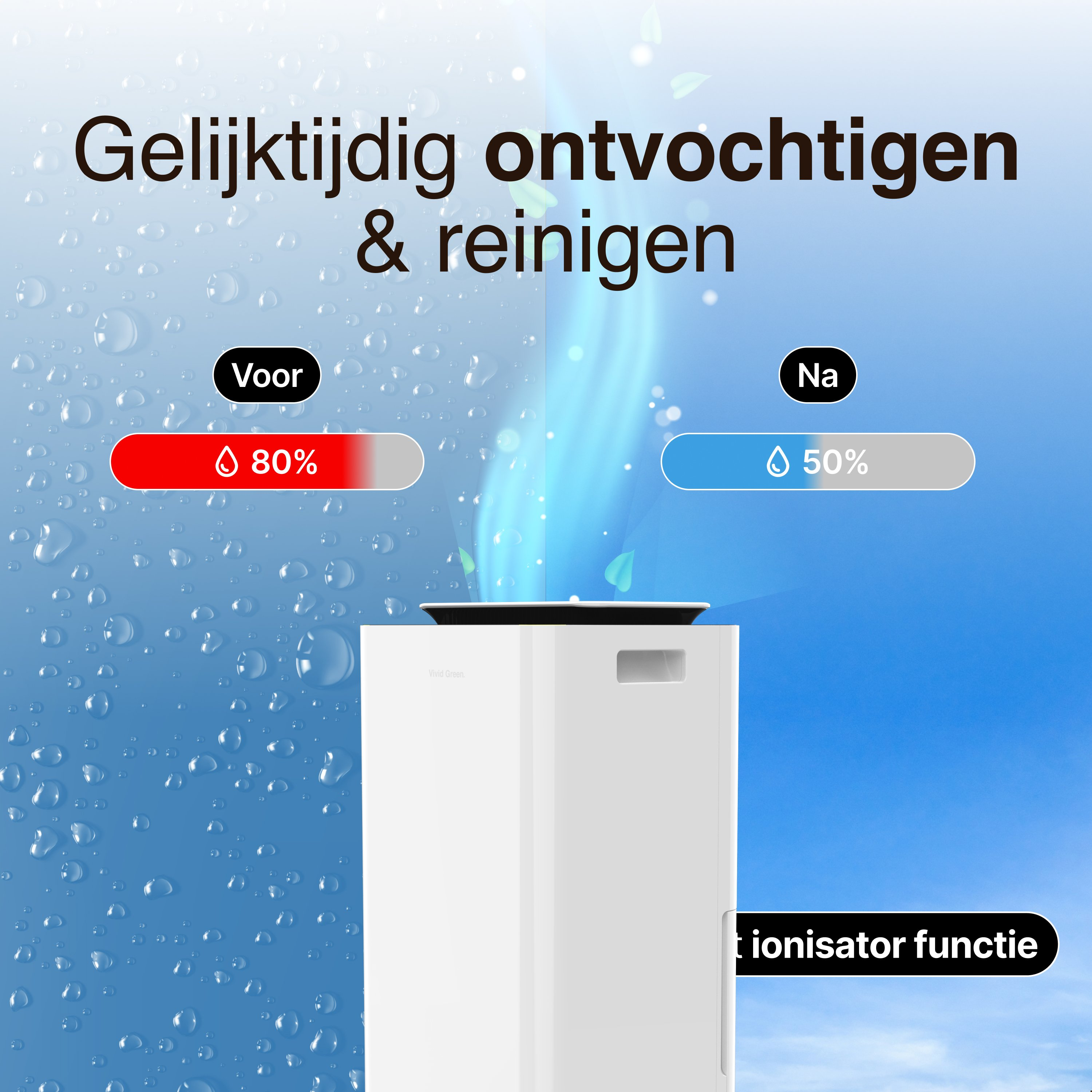 Een luchtreiniger met Nederlandse tekst. Toont vochtigheidsniveaus voor en na gebruik. Waterdruppels op de achtergrond.