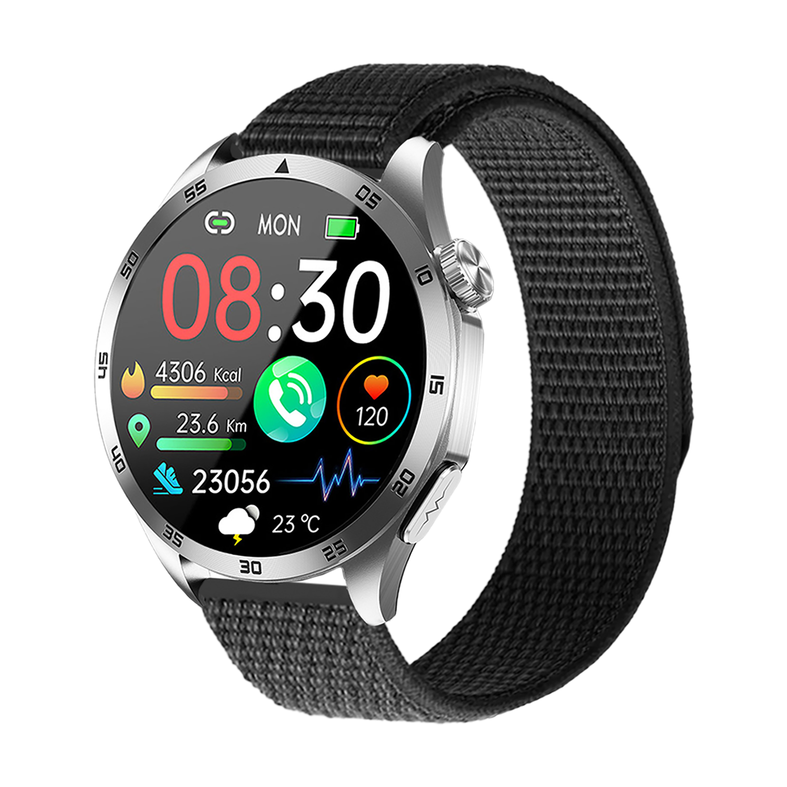 Eine silberne Smartwatch mit schwarzem Armband zeigt Zeit, Statistiken und ein schwarzes Armband.