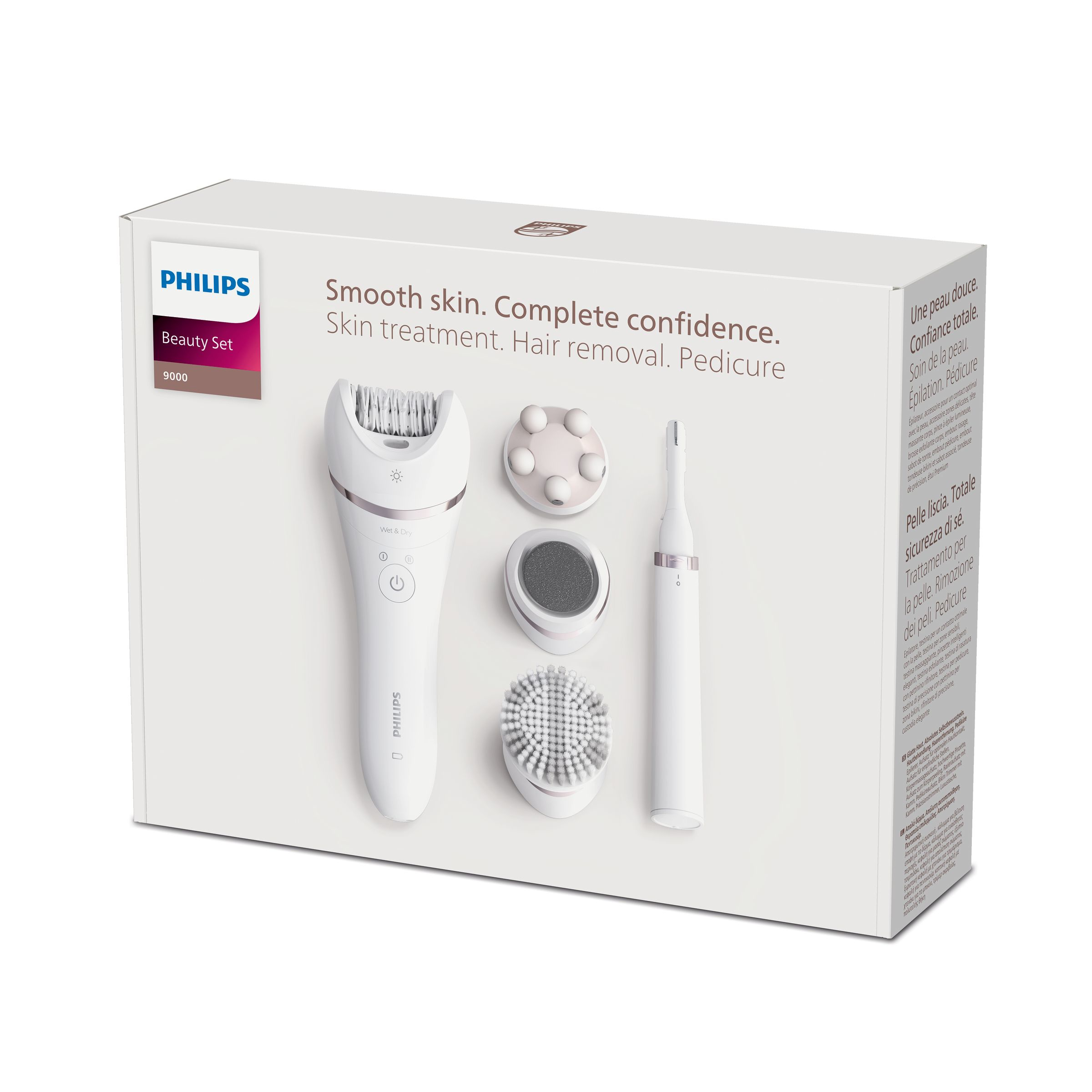 Białe pudełko Philips beauty set z depilatorem, narzędziami do pedicure i tekstem.