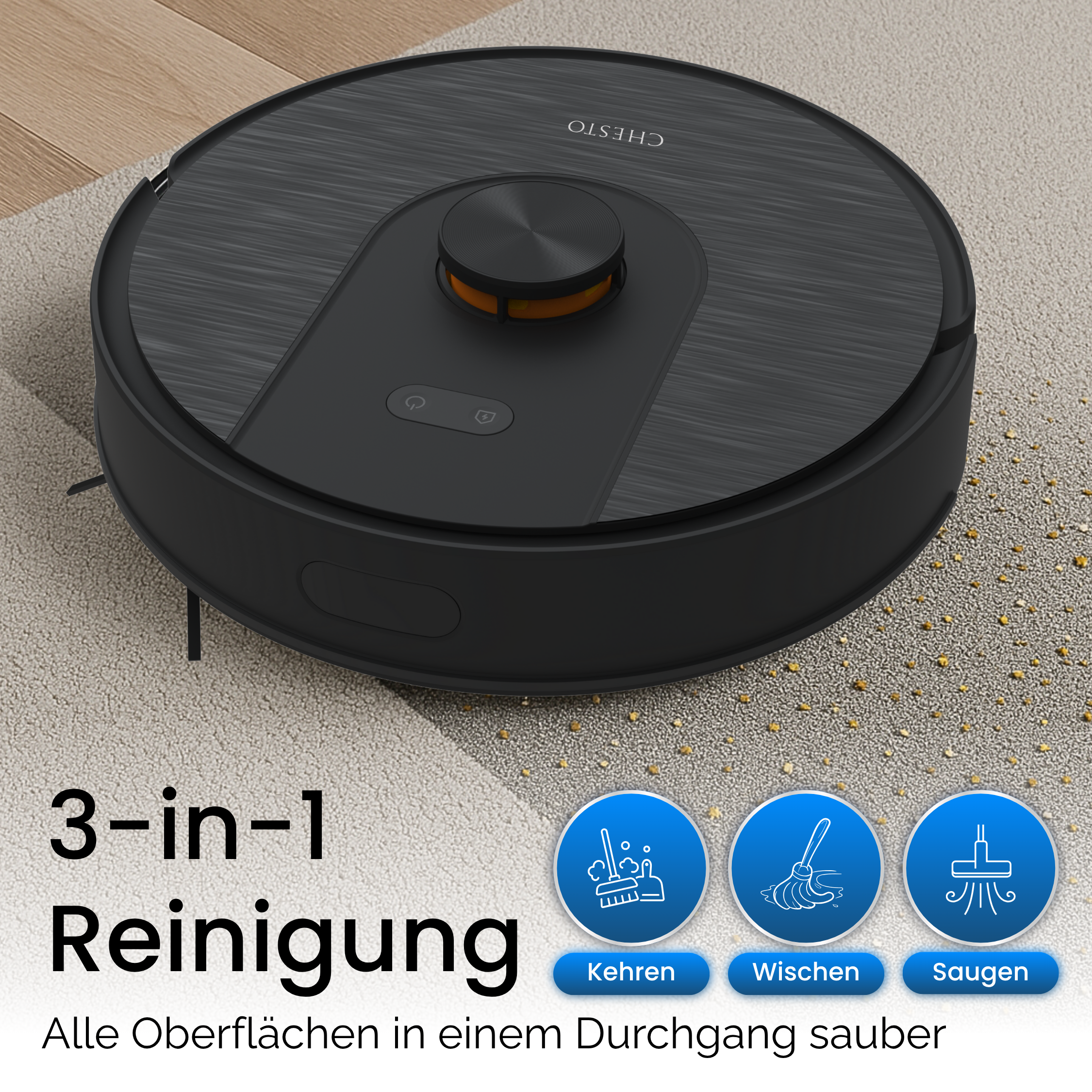 Ein schwarzer Roboter-Staubsauger auf einem Teppich. Er hat eine zentrale Taste und Text mit 3-in-1 Reinigung.