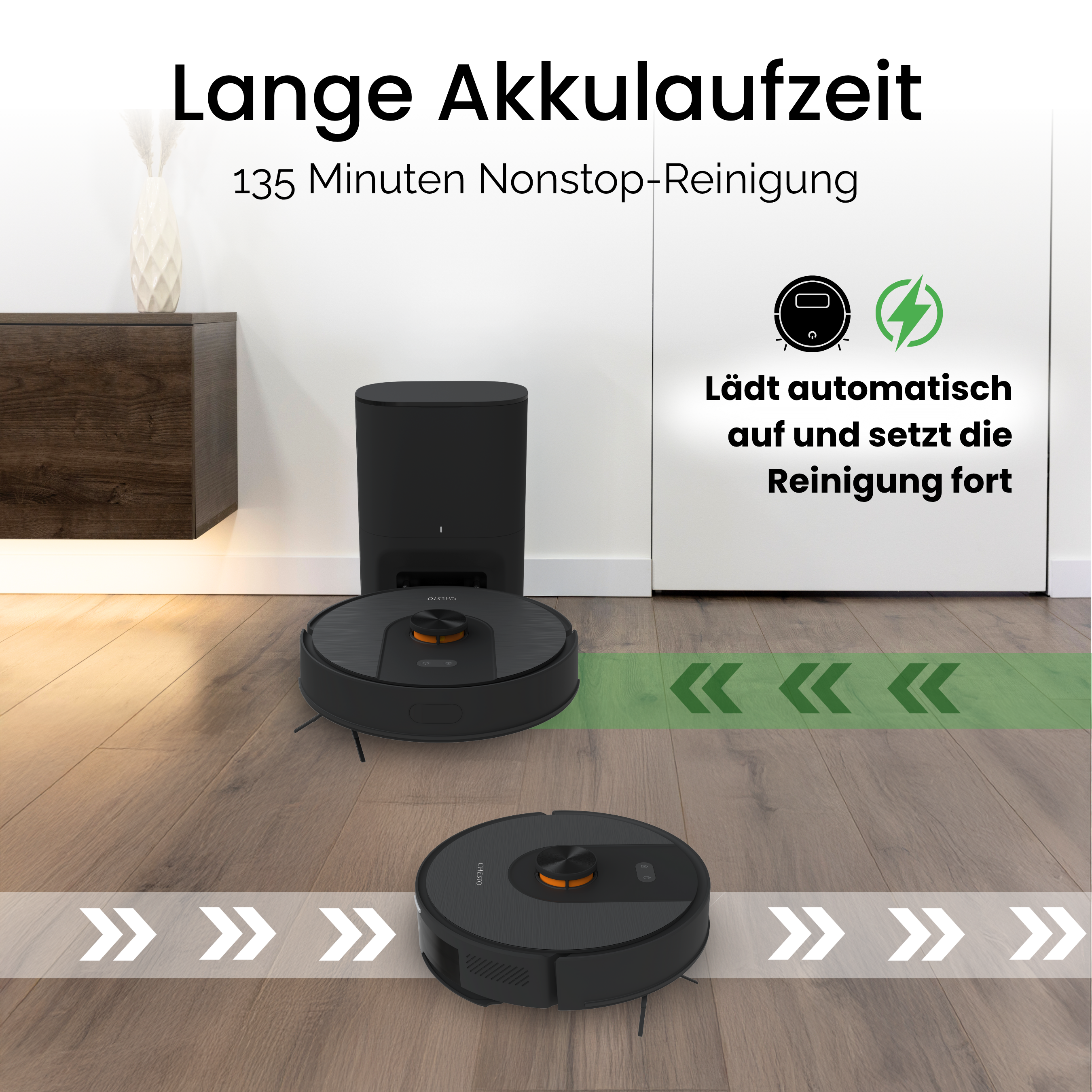 Zwei schwarze Roboter-Staubsauger auf Holzboden. Text sagt lange Akkulaufzeit und automatisches Laden.