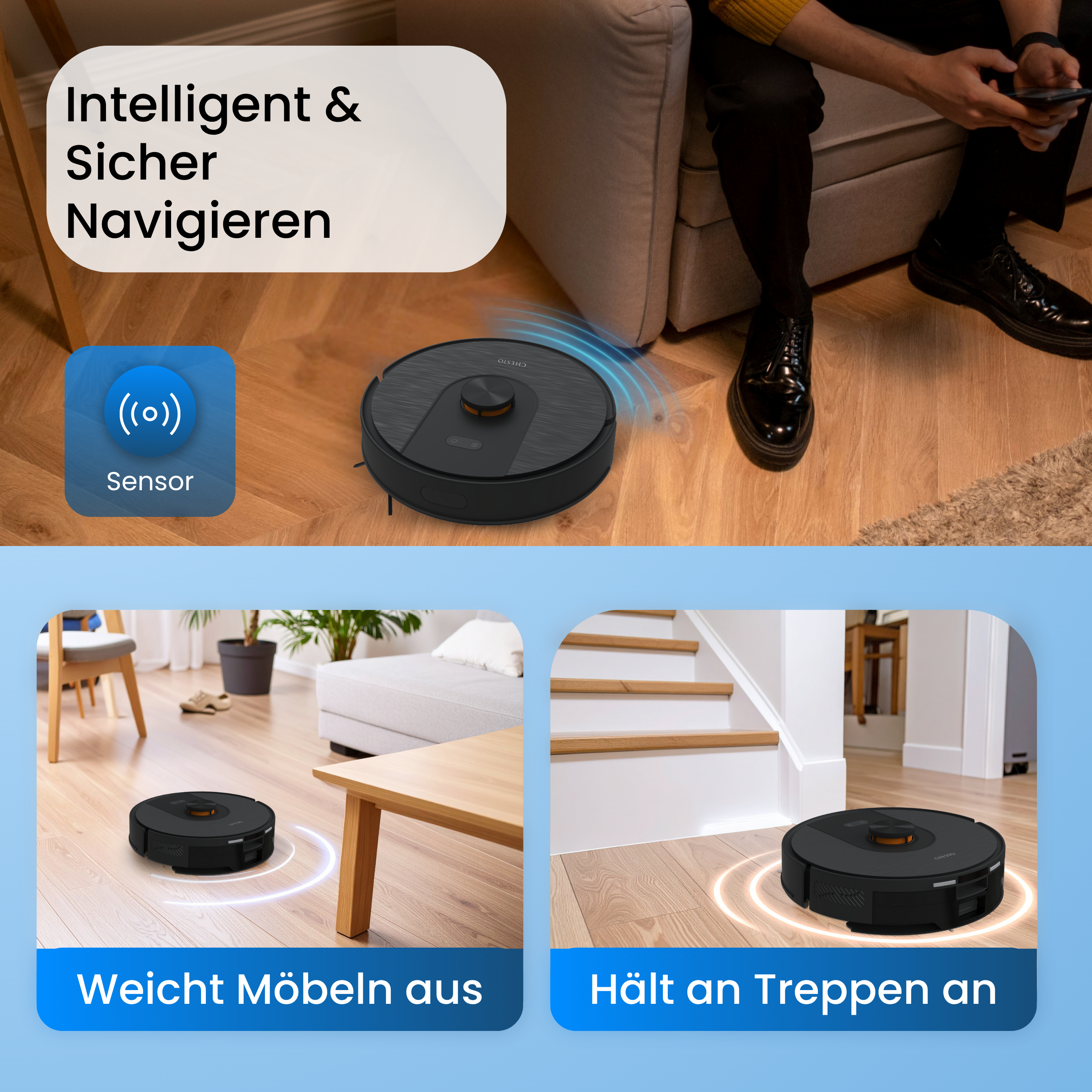 Roboter-Staubsauger auf Holzboden. Funktionen: vermeidet Möbel, stoppt an Treppen. Eine Person sitzt auf einem Sofa.