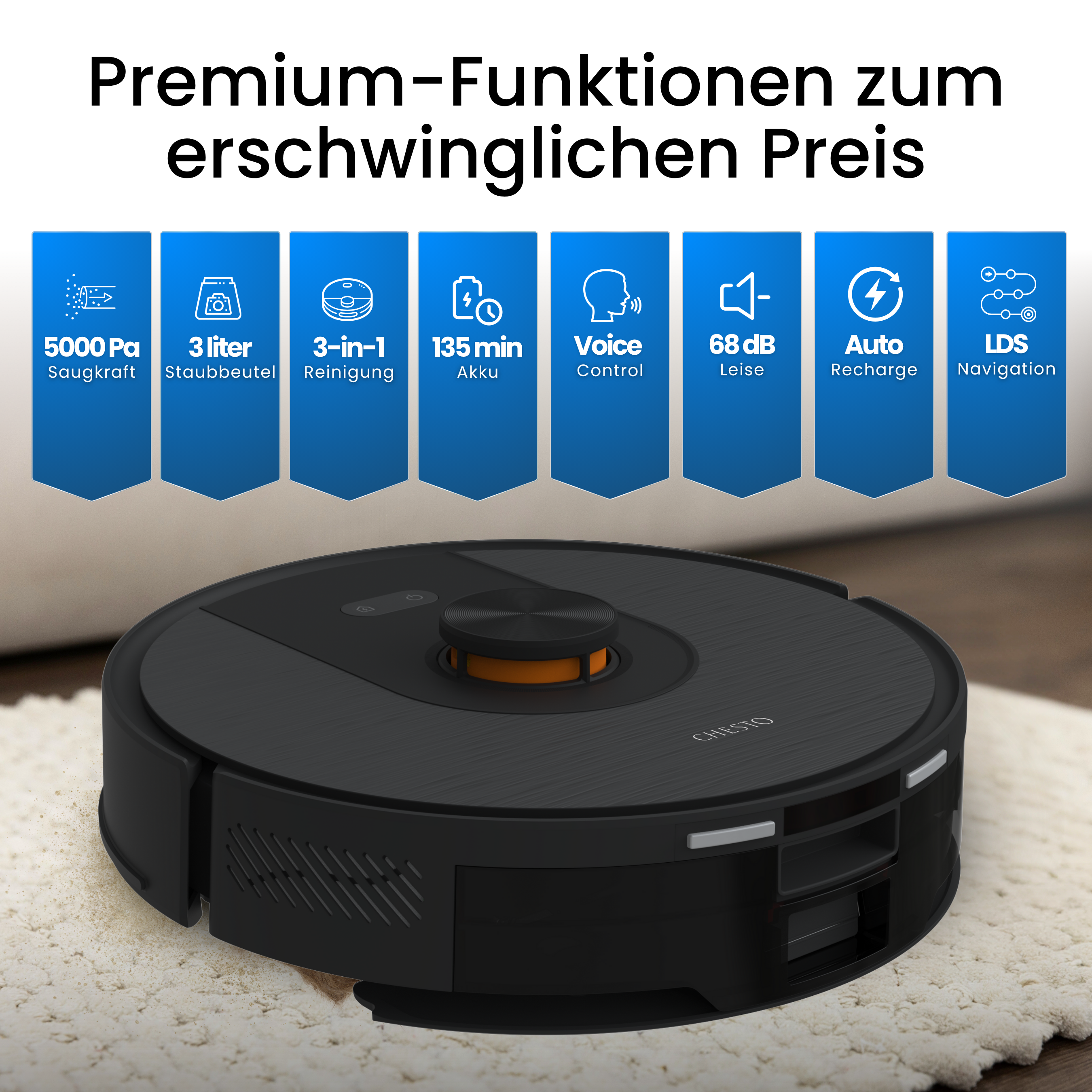 Ein schwarzer Roboter-Staubsauger auf einem weißen Teppich. Blaue Kästen mit Funktionen sind darüber.