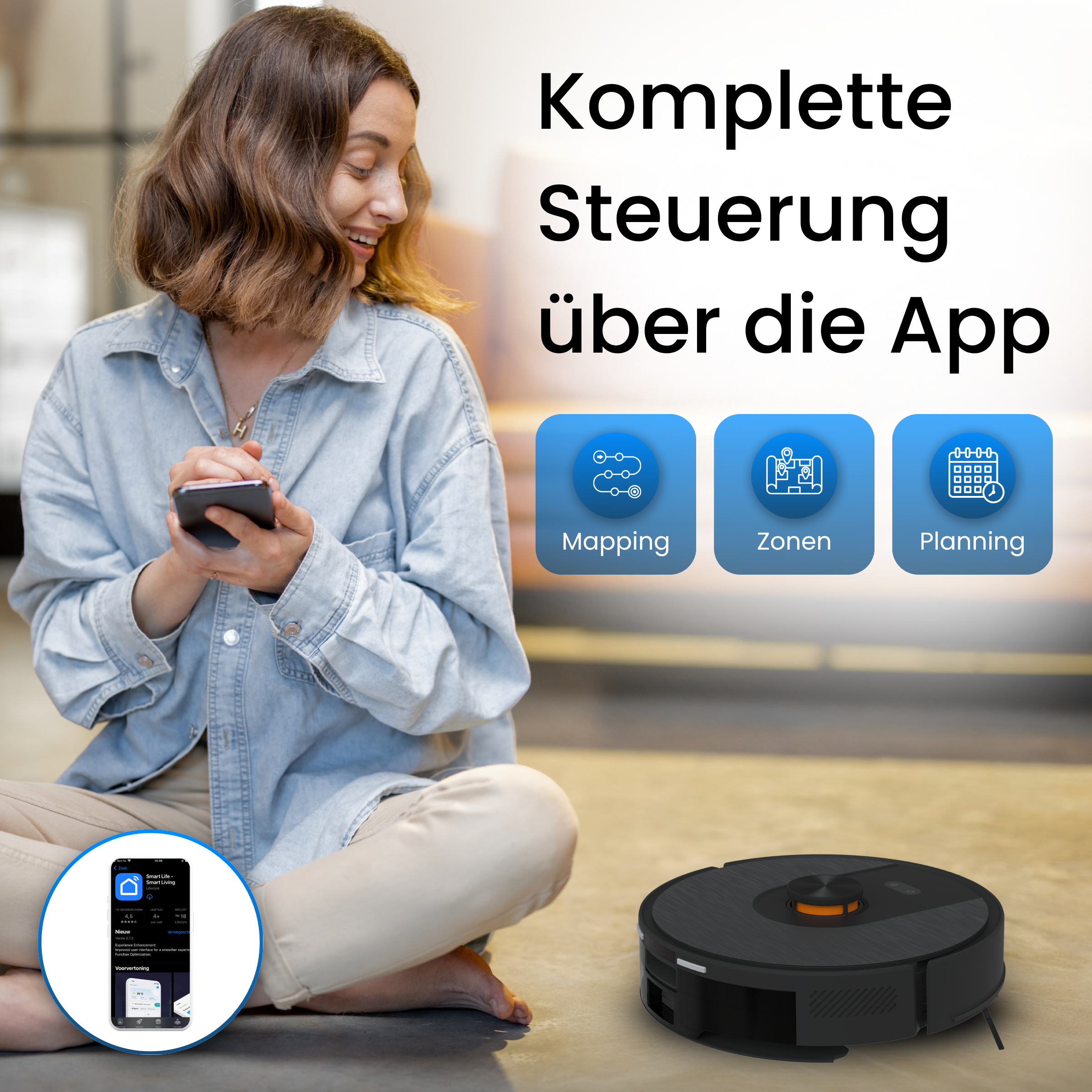 Eine Frau steuert einen schwarzen Roboterstaubsauger per Telefon. Text: 'Komplette Steuerung über die App'.
