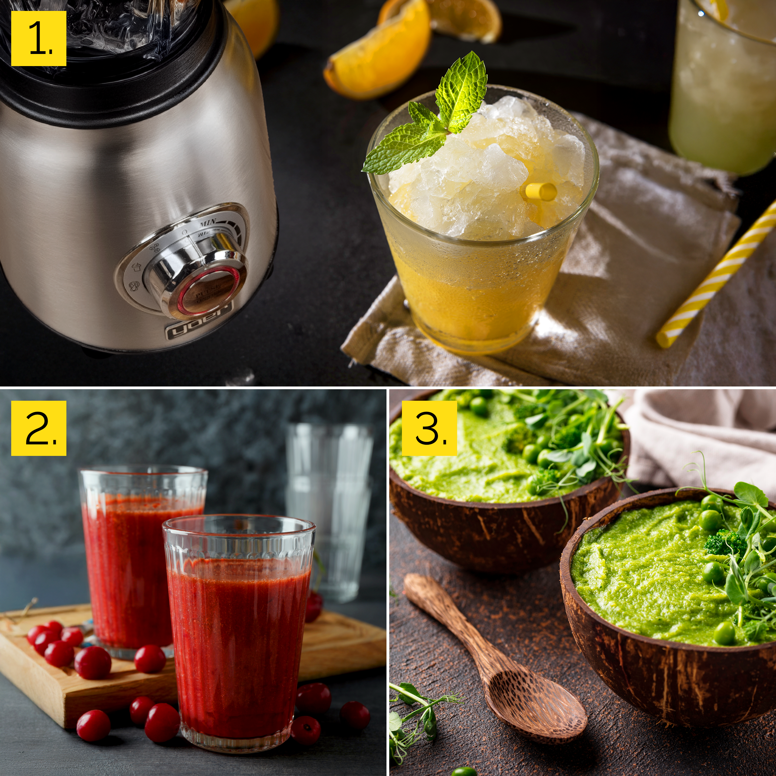 Obraz przedstawia blender, dwa czerwone koktajle i zupę z zielonego groszku w kokosowych miskach. Ozdoby: mięta i kiełki.