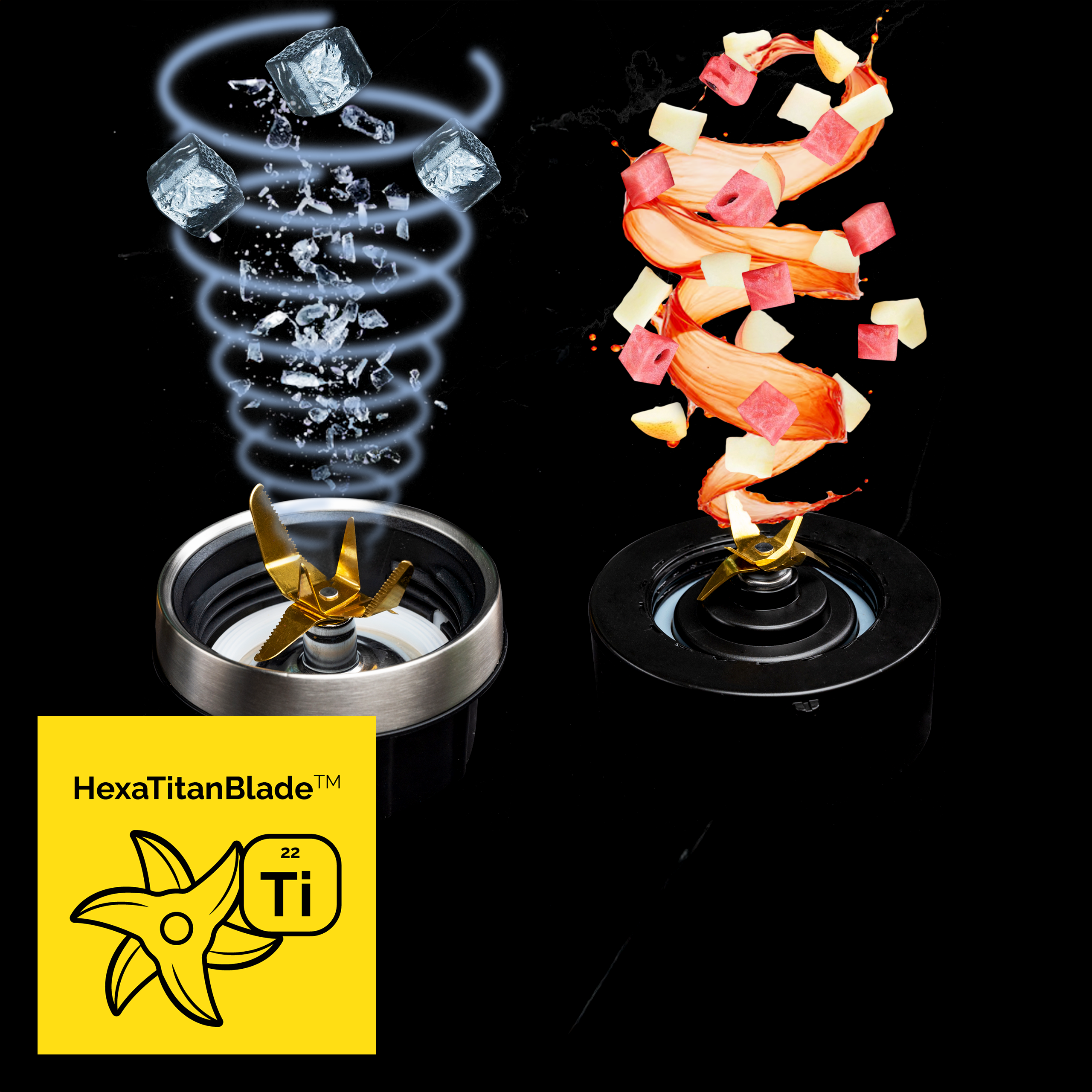 Blendery z kostkami lodu i kawałkami owoców. Żółte logo z projektem ostrza i tekstem.