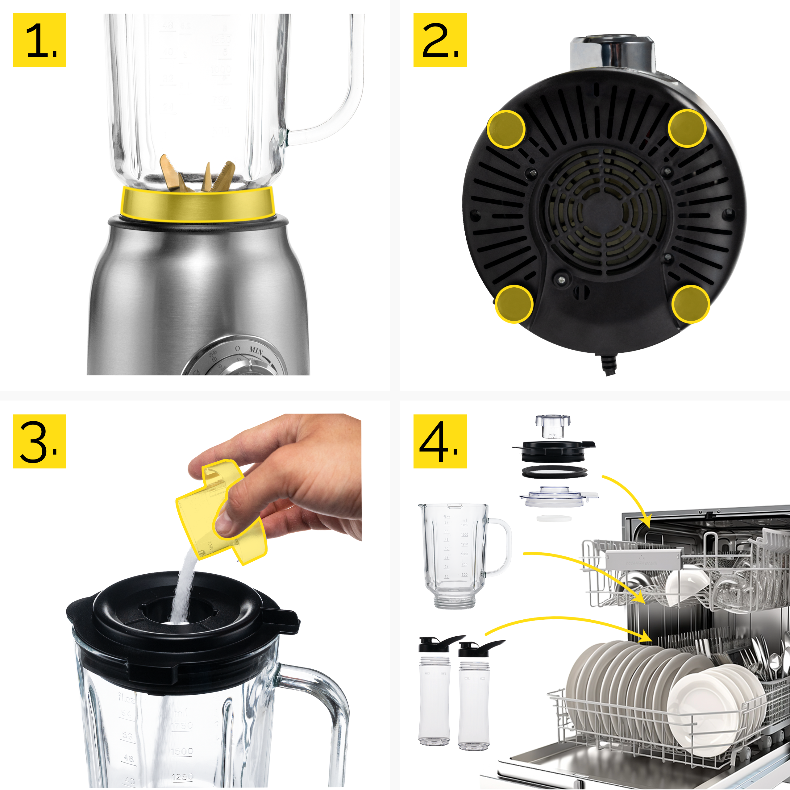 Zdemontowany blender, z częściami, zmywarka i dłoń wsypująca proszek.