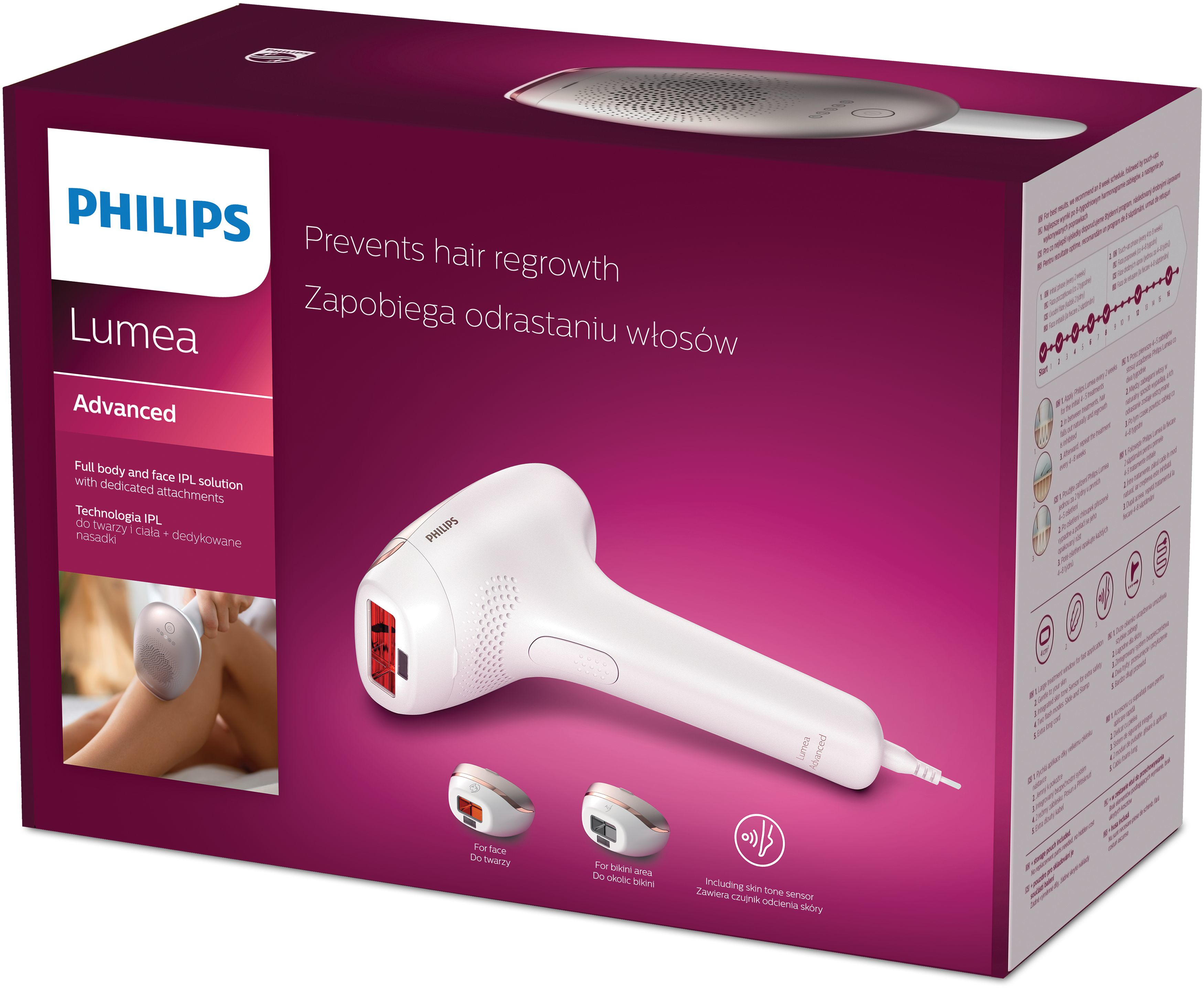 Zapakowane urządzenie do usuwania włosów Philips Lumea. Białe urządzenie, różowe pudełko, tekst w wielu językach.