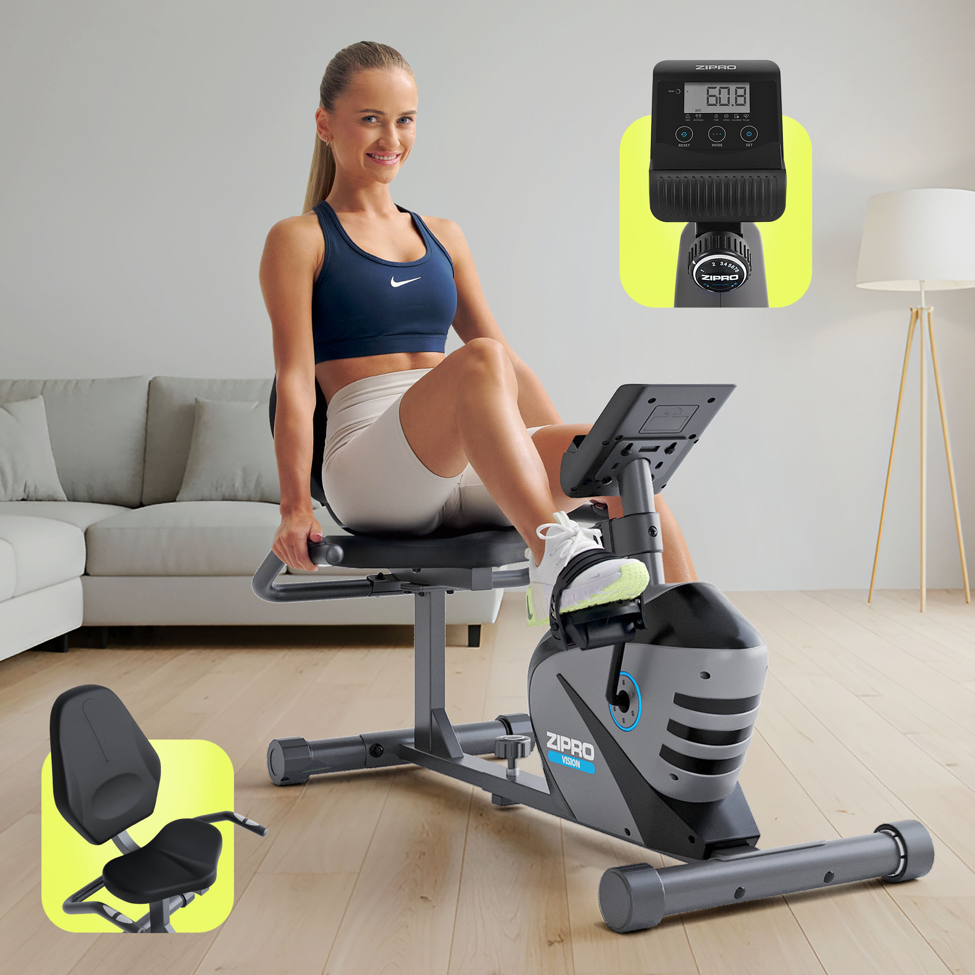 Eine Frau sitzt lächelnd auf einem Heimtrainer. Das Fahrrad ist grau und ein Monitor zeigt 60,8. Ein separater Fahrradsitz wird ebenfalls gezeigt.