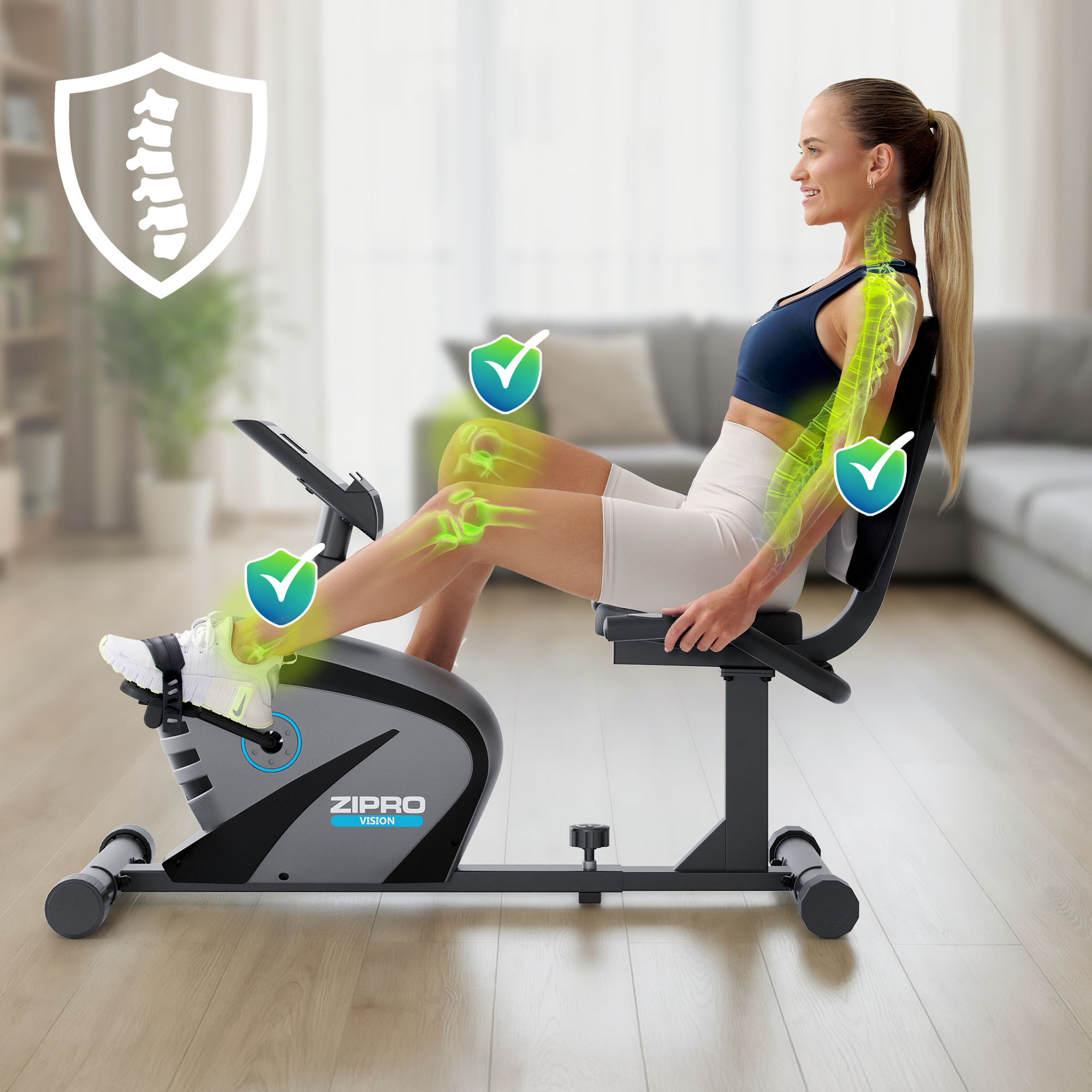 Frau auf dem Heimtrainer, Skelettsystem hervorgehoben. Grüne Haken auf Gelenken. Innenraum mit Sofa und Holzboden.