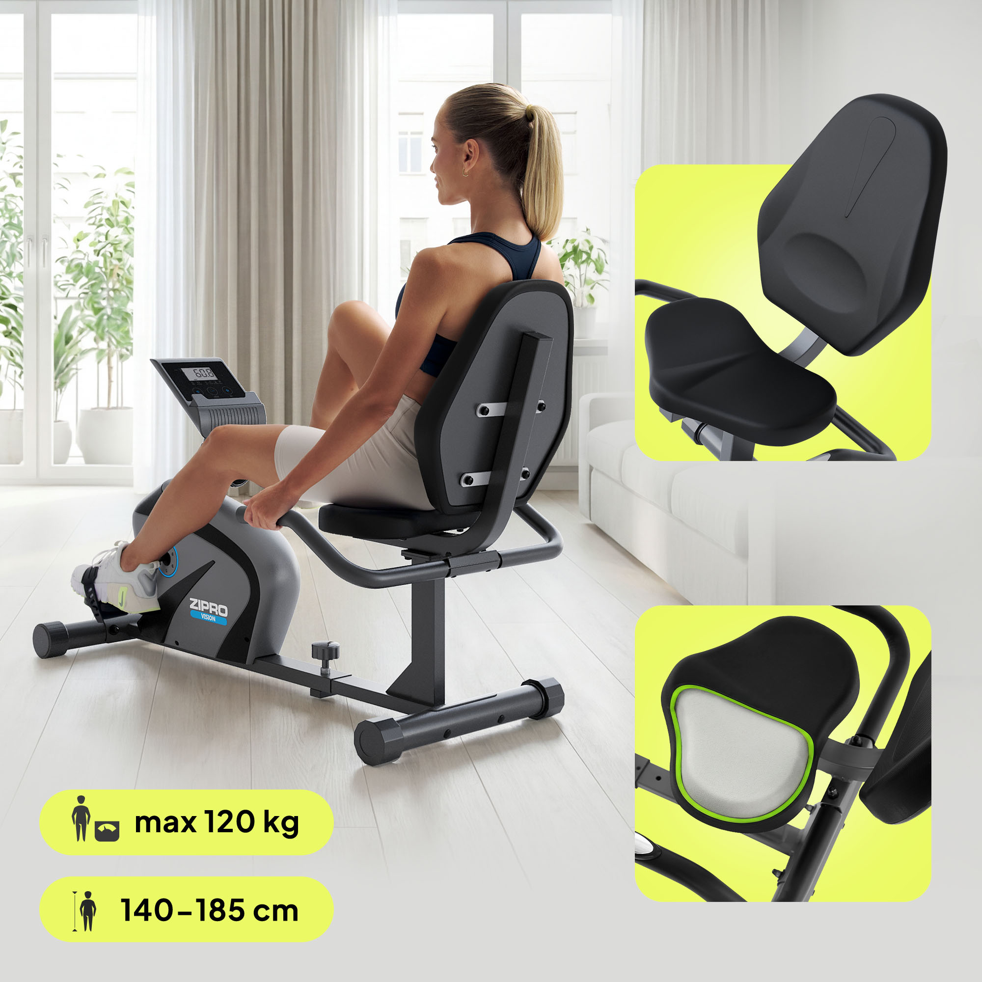 Frau auf dem Heimtrainer. Das Fahrrad ist schwarz und grau. Weiße Vorhänge und Sofa im Hintergrund. Max. 120 kg und 140-185 cm Größe.