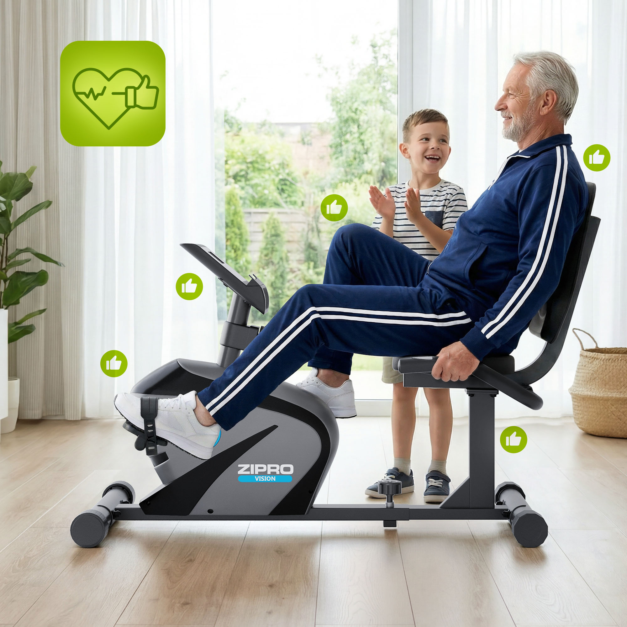 Ein älterer Mann auf einem Heimtrainer lächelt. Ein Kind klatscht in seiner Nähe. Like-Icons umgeben sie. Der Hintergrund ist ein Fenster.