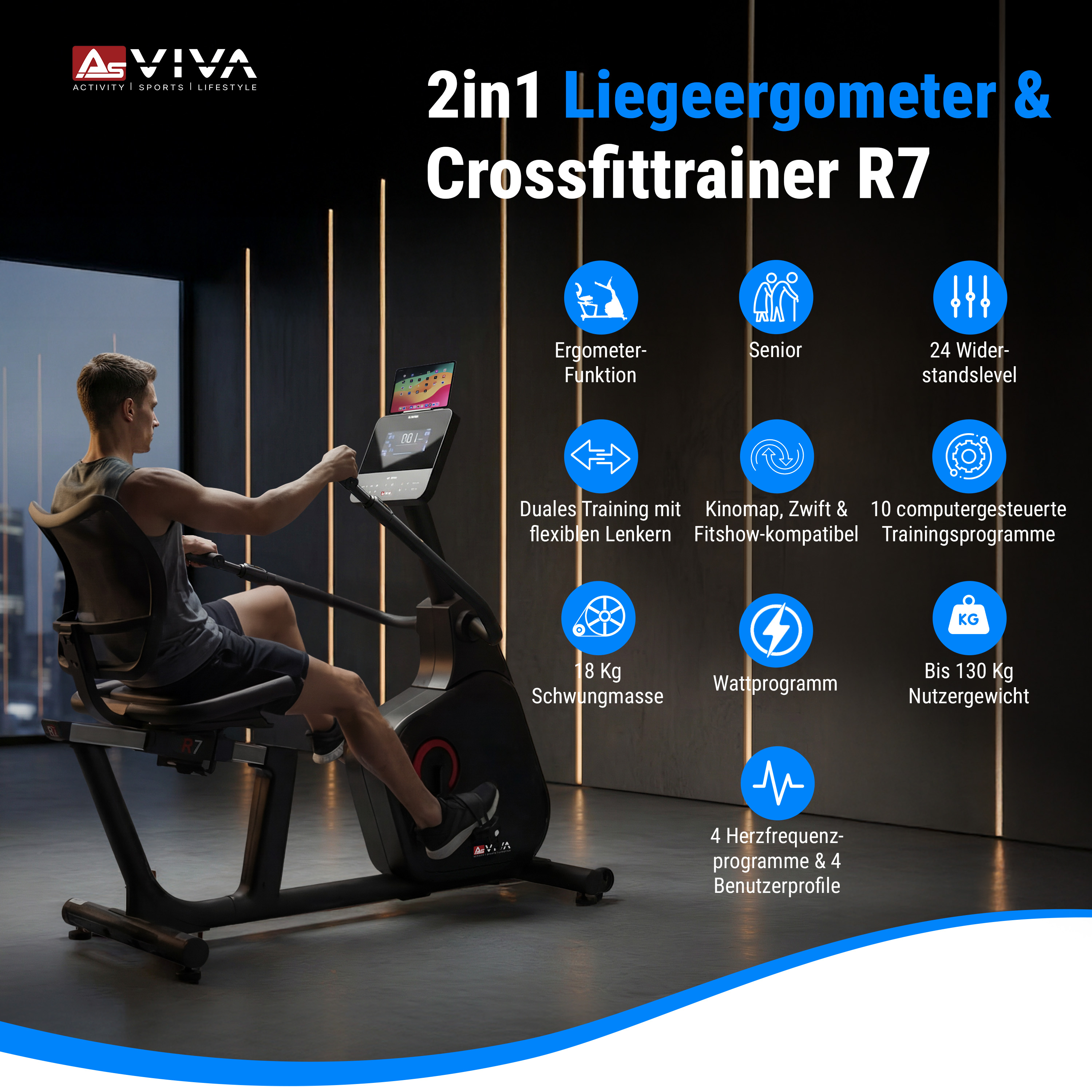 Ein Mann benutzt ein schwarzes Heimtrainer-Fahrrad. Es hat einen Bildschirm und ist mit 'ASVIVA' beschriftet.