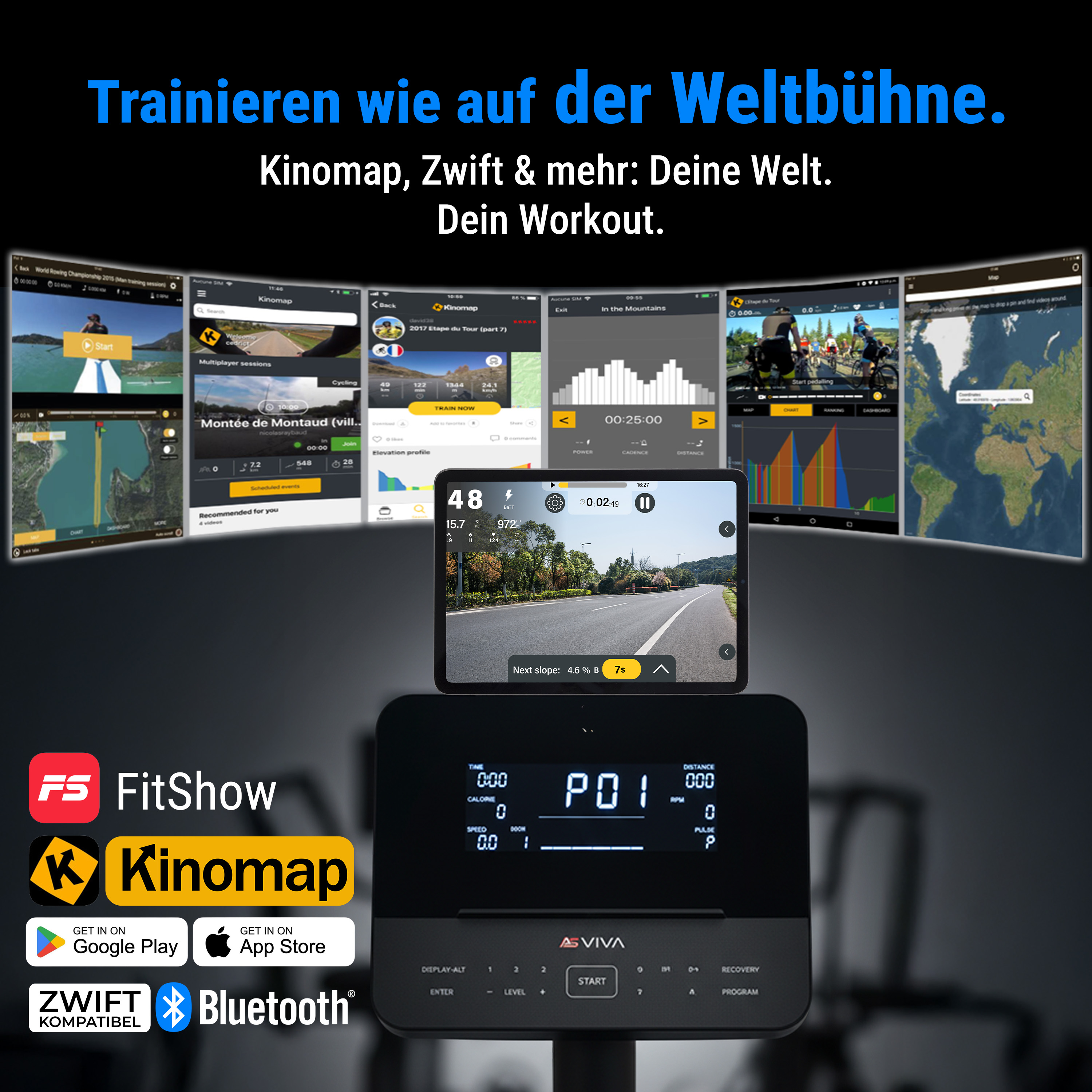 Das Bild zeigt Trainingsbildschirme mit Kinomap und Fitnessgeräten. Text auf Deutsch: Trainieren wie auf der Weltbühne.