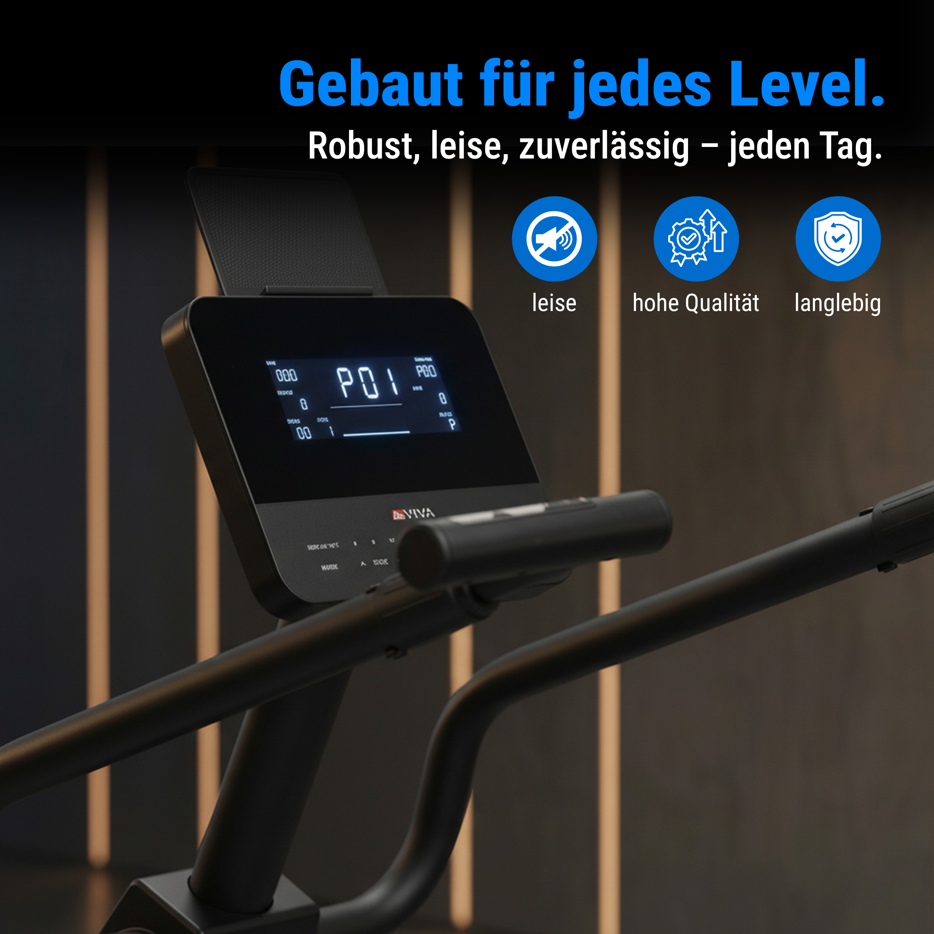 Ein Trainingsgerät mit Digitalanzeige. Text: Gebaut für jedes Level. Robust, leise, zuverlässig - jeden Tag.