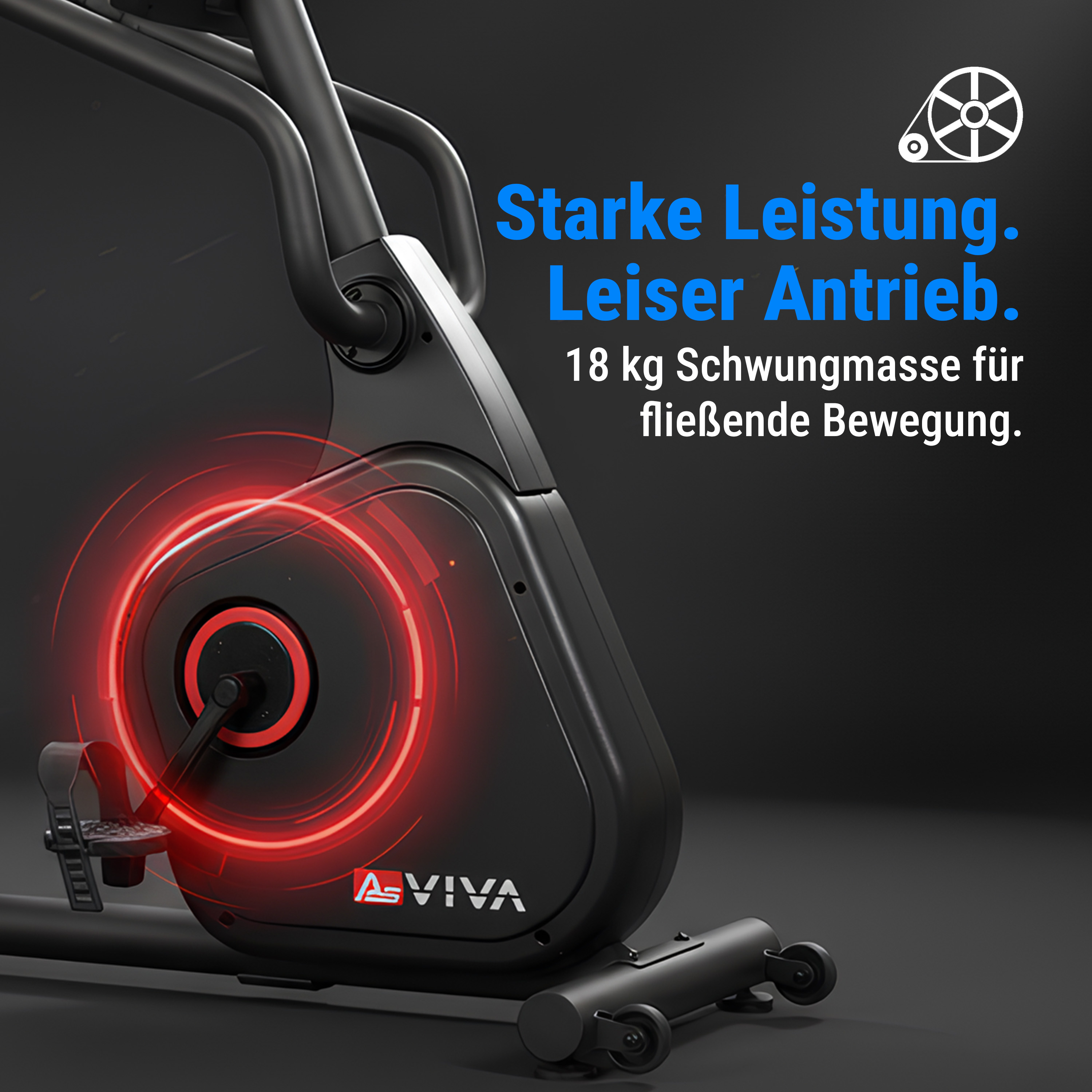 Eine Trainingsmaschine mit roten Lichtakzenten und Text auf Deutsch: Starke Leistung. Leiser Antrieb. 18 kg Schwungmasse.
