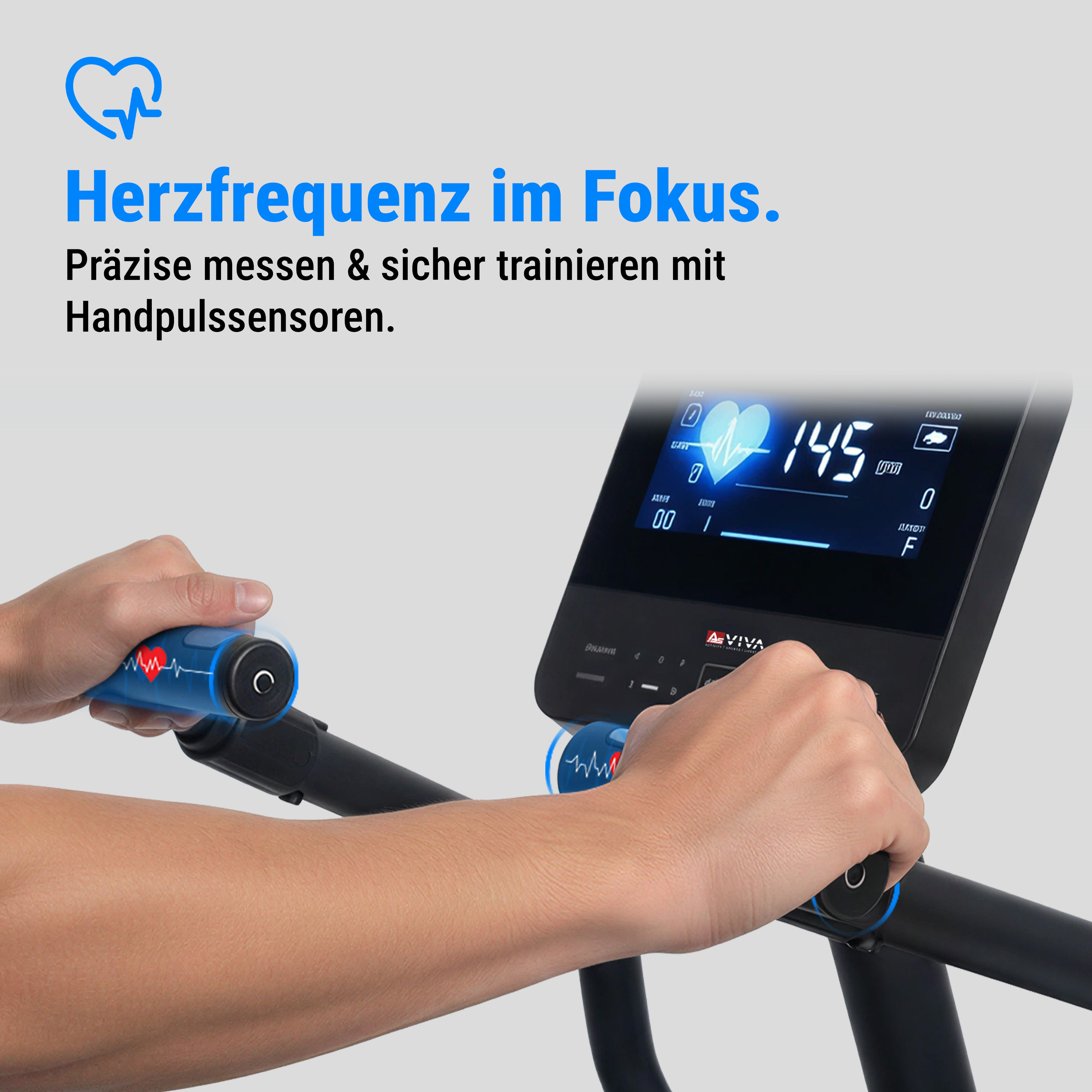 Hände halten Herzfrequenzsensoren an einem Trainingsgerät. Ein Display zeigt 145 bpm. Text: Herzfrequenz im Fokus.