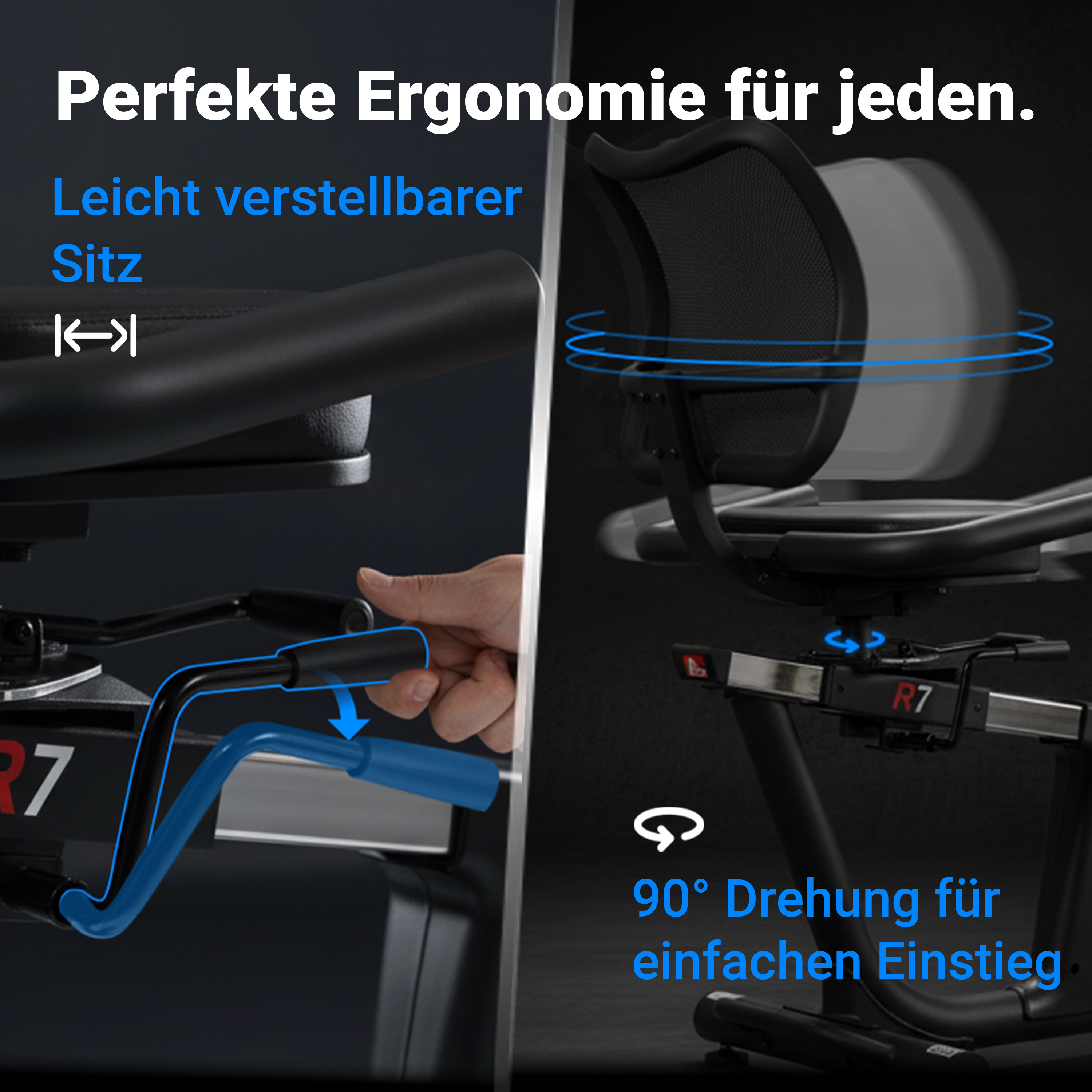 Ein Stuhl mit verstellbarem Sitz und 90° Drehung für einfachen Einstieg. Text auf Deutsch.