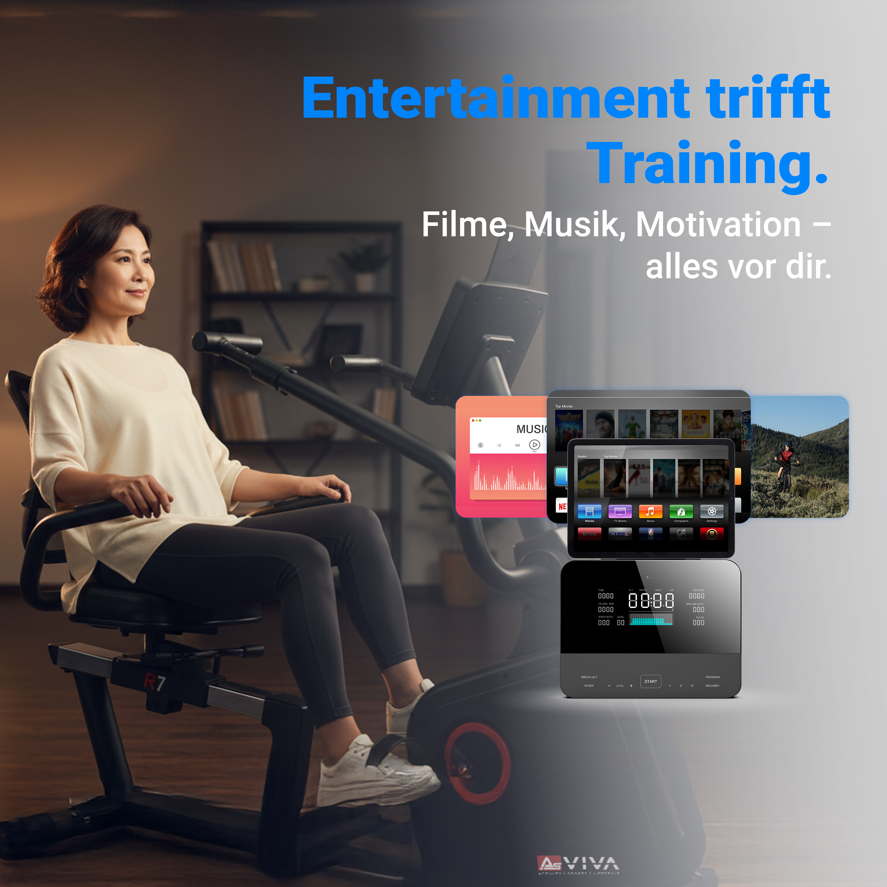 Frau auf einem Heimtrainer, Bildschirme mit Filmen und Musik, mit Text 'Entertainment trifft Training'.