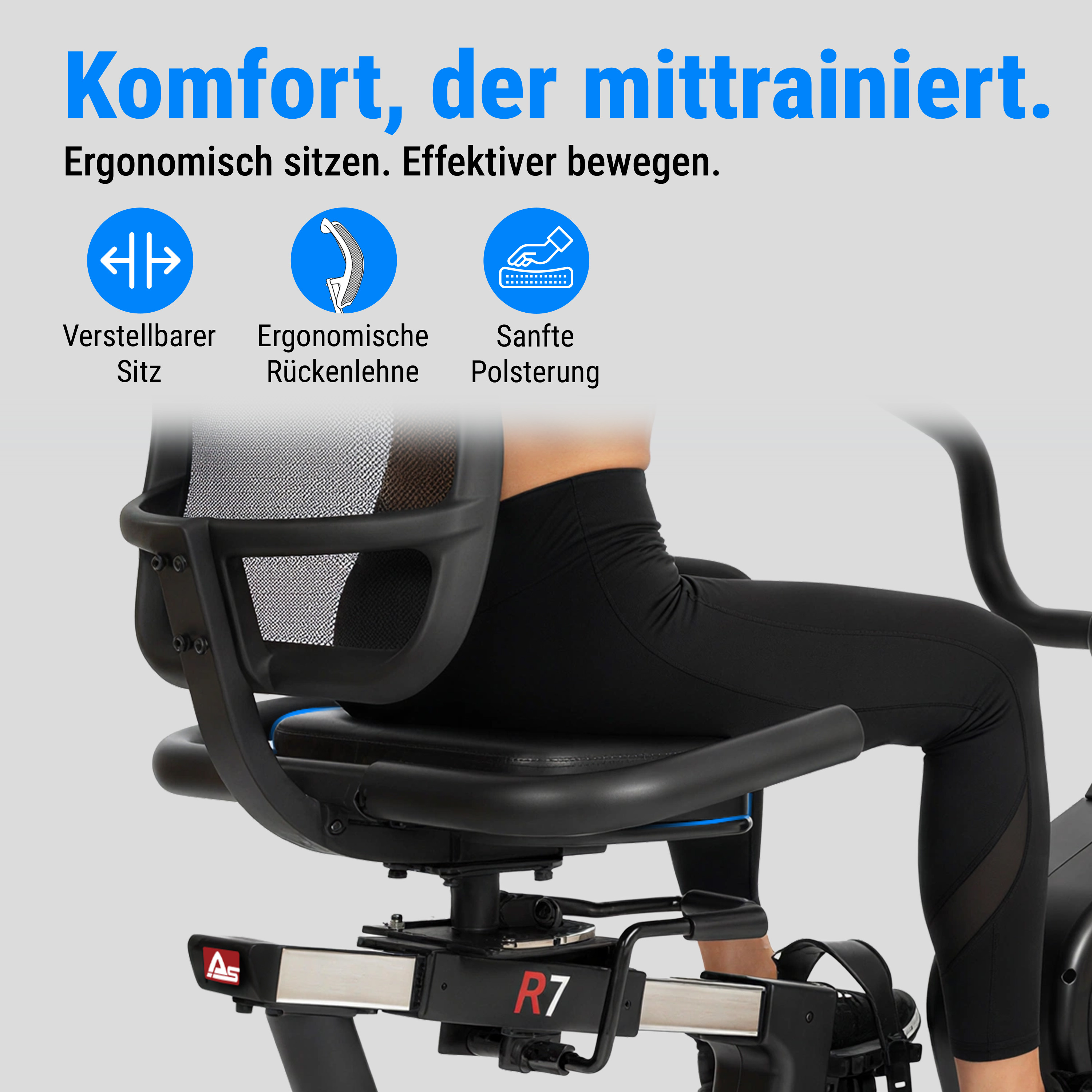 Eine Person sitzt auf einem Heimtrainer, mit deutschem Text. Das Fahrrad hat einen verstellbaren Sitz und eine ergonomische Rückenlehne.