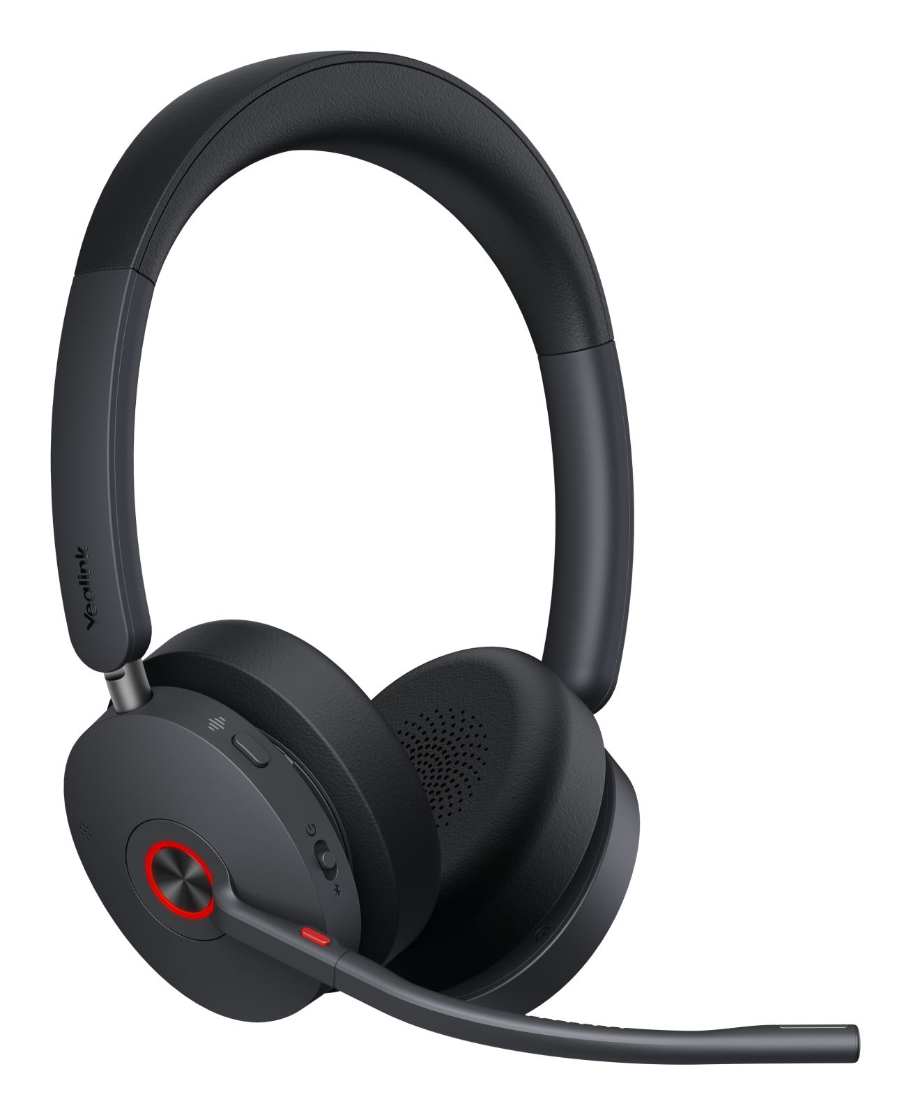Un casque Yealink noir. Il a un microphone, un bouton rouge et des commandes de volume. Le fond est blanc.