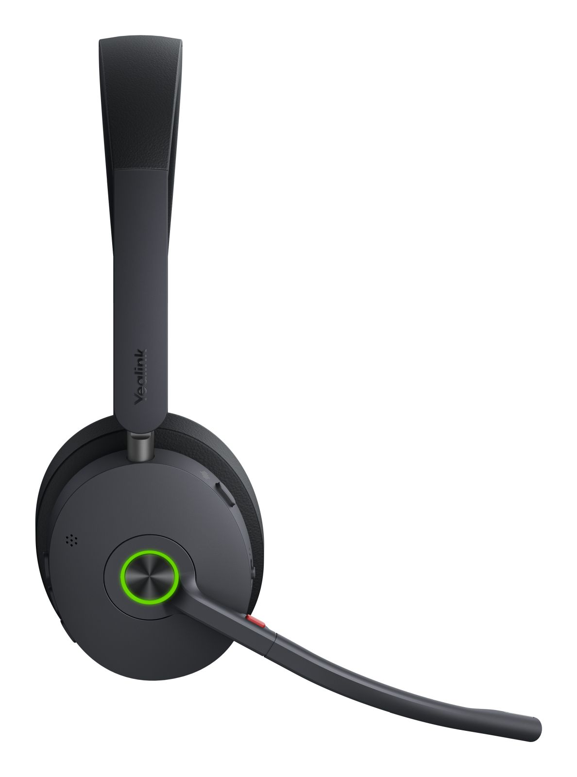 Un casque sans fil gris foncé avec un microphone. Le casque a une lumière verte sur l'écouteur et un bouton rouge sur le micro.