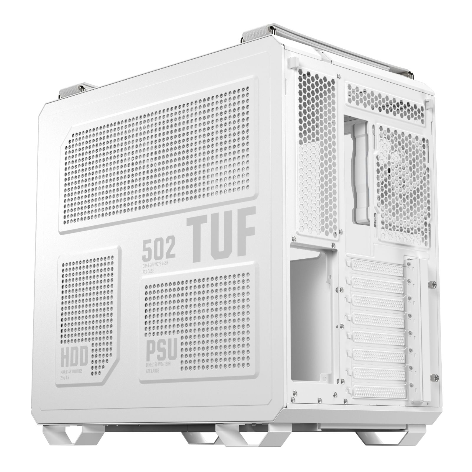 Biała obudowa komputera z perforowanymi panelami, oznaczona 'TUF'. Posiada sekcje na HDD i PSU oraz panel boczny o strukturze plastra miodu.