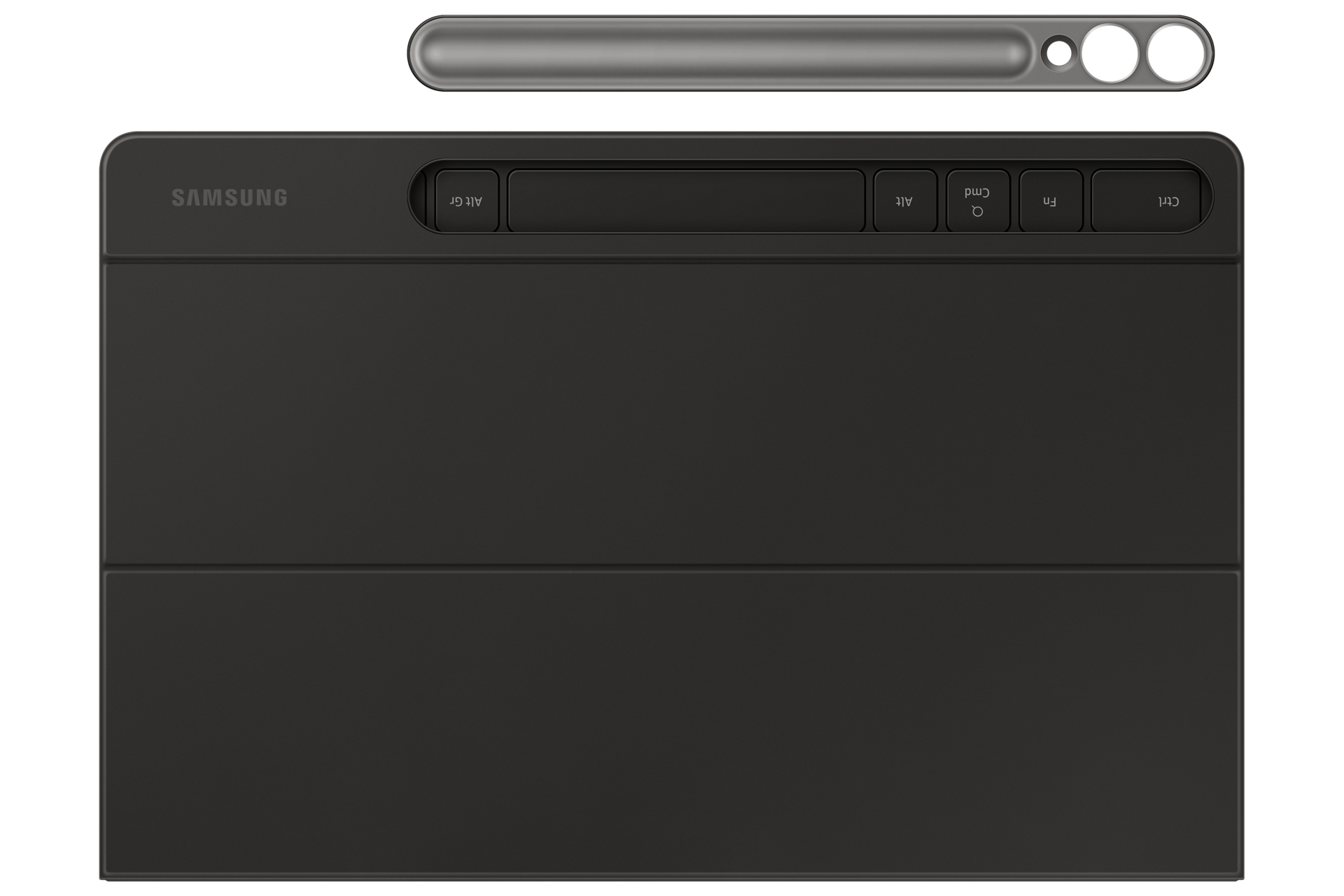 Housse de clavier Samsung noire avec barre supérieure argentée. Comprend des touches telles que Alt, Ctrl et Fn. La housse est pliée.