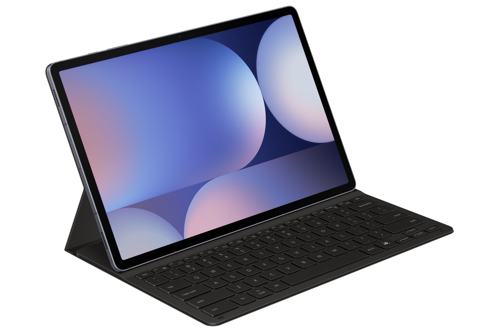 Une tablette avec un clavier attaché. L'écran affiche un design abstrait bleu et blanc. Le clavier est noir.