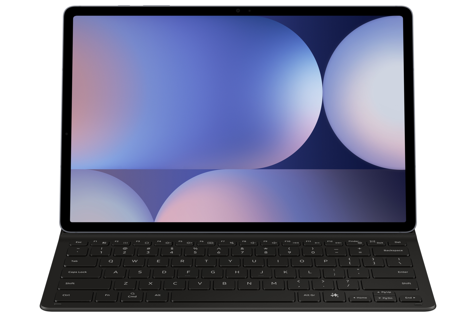 Une tablette avec clavier attaché. L'écran de la tablette affiche un fond abstrait bleu et blanc. Le clavier est noir.