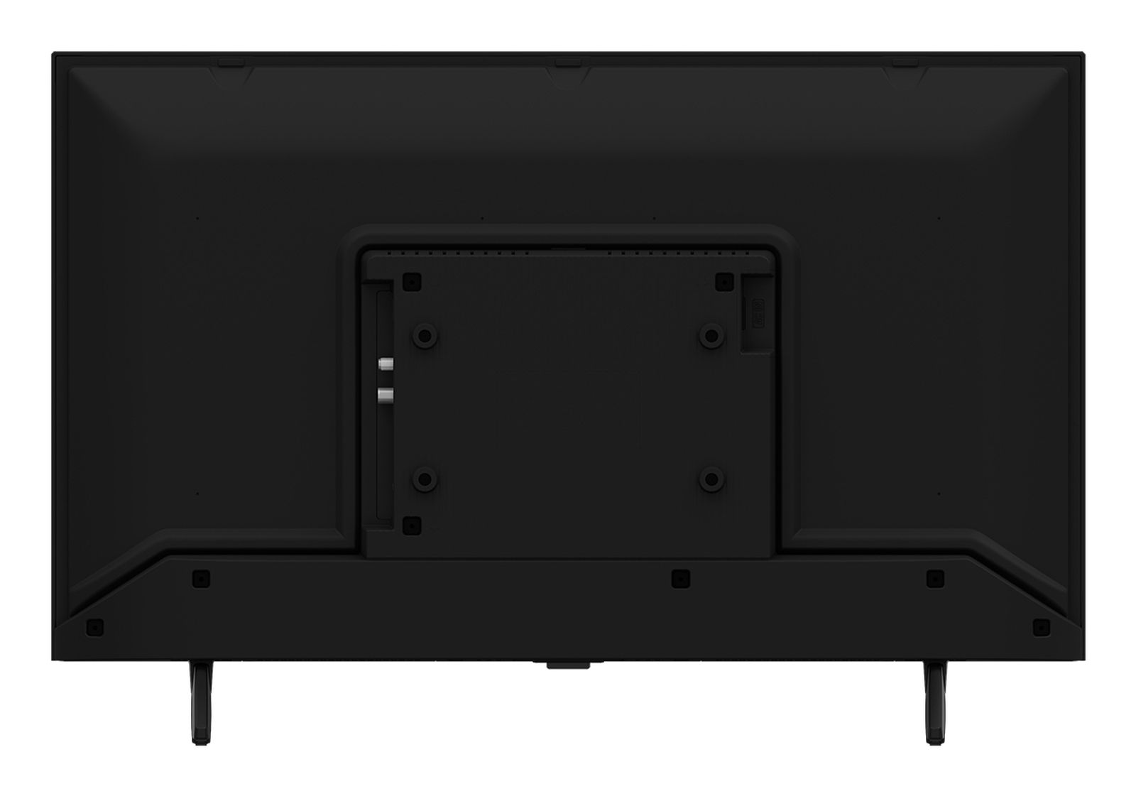 Tył czarnego telewizora. Centralny wspornik, porty i dwie nóżki na dole.