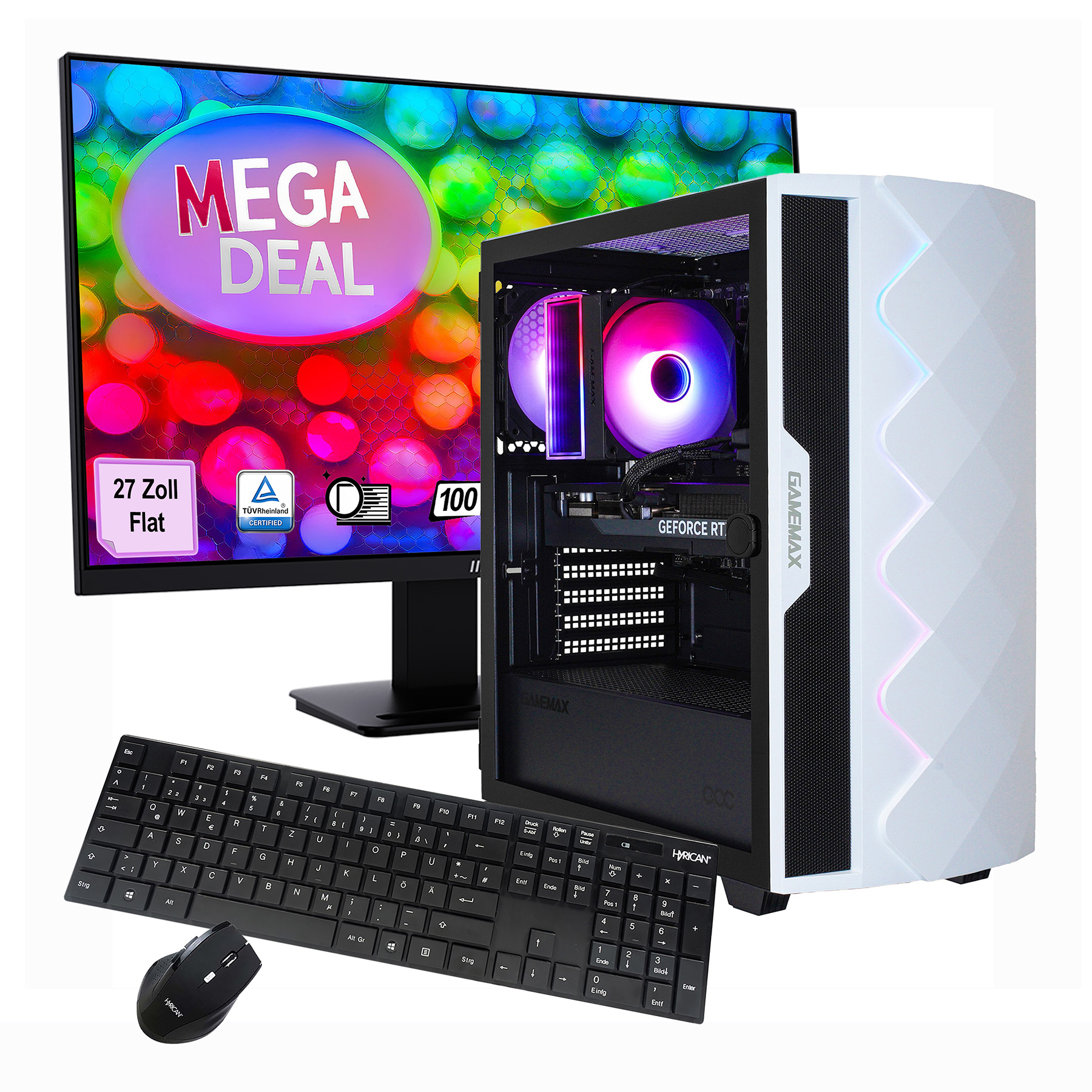 Ein Computer-Setup mit Monitor, der 'MEGA DEAL' anzeigt, weißem Computerturm, Tastatur und Maus.
