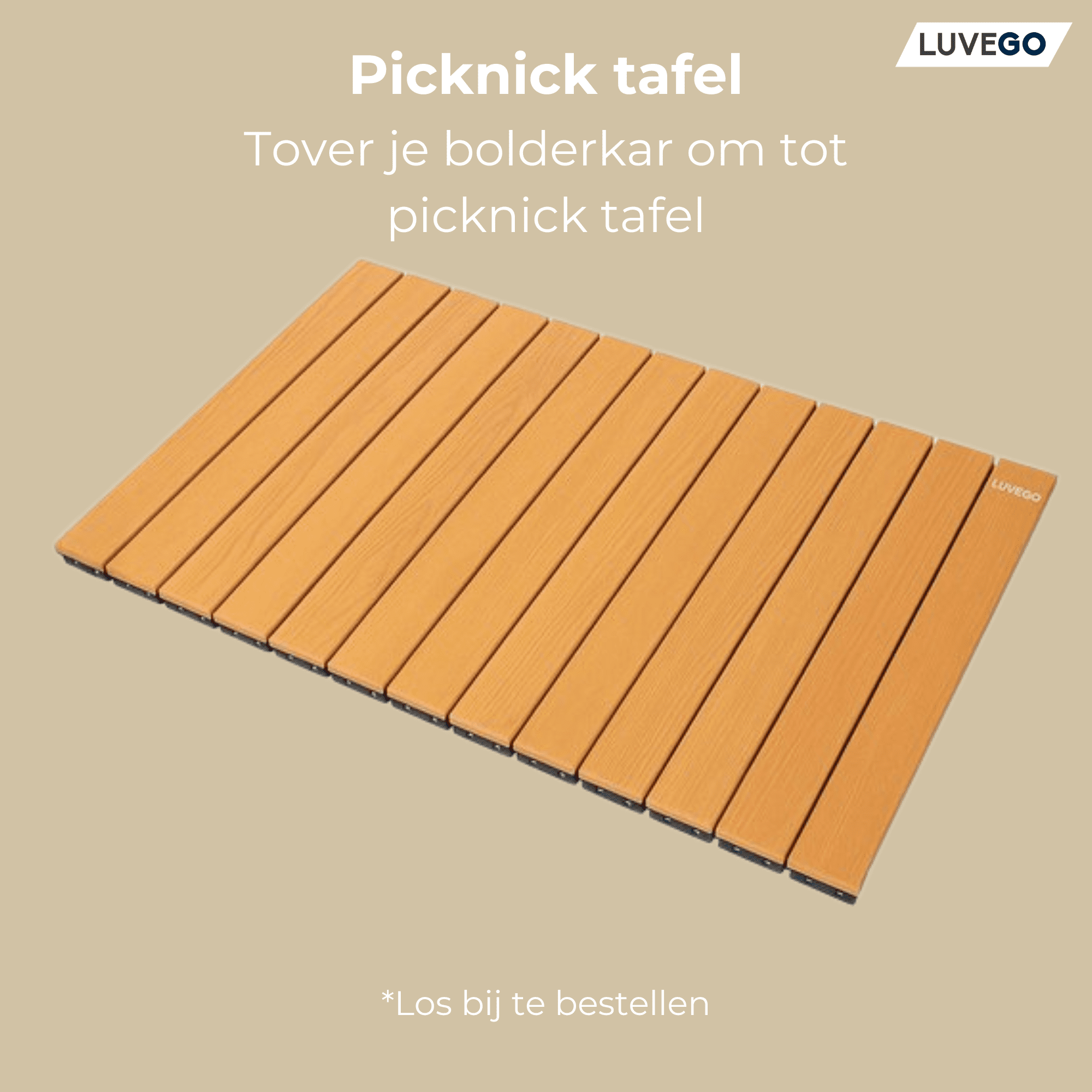 Picknicktisch aus Holzplanken auf beigem Hintergrund. Text: 'Picknick tafel'.