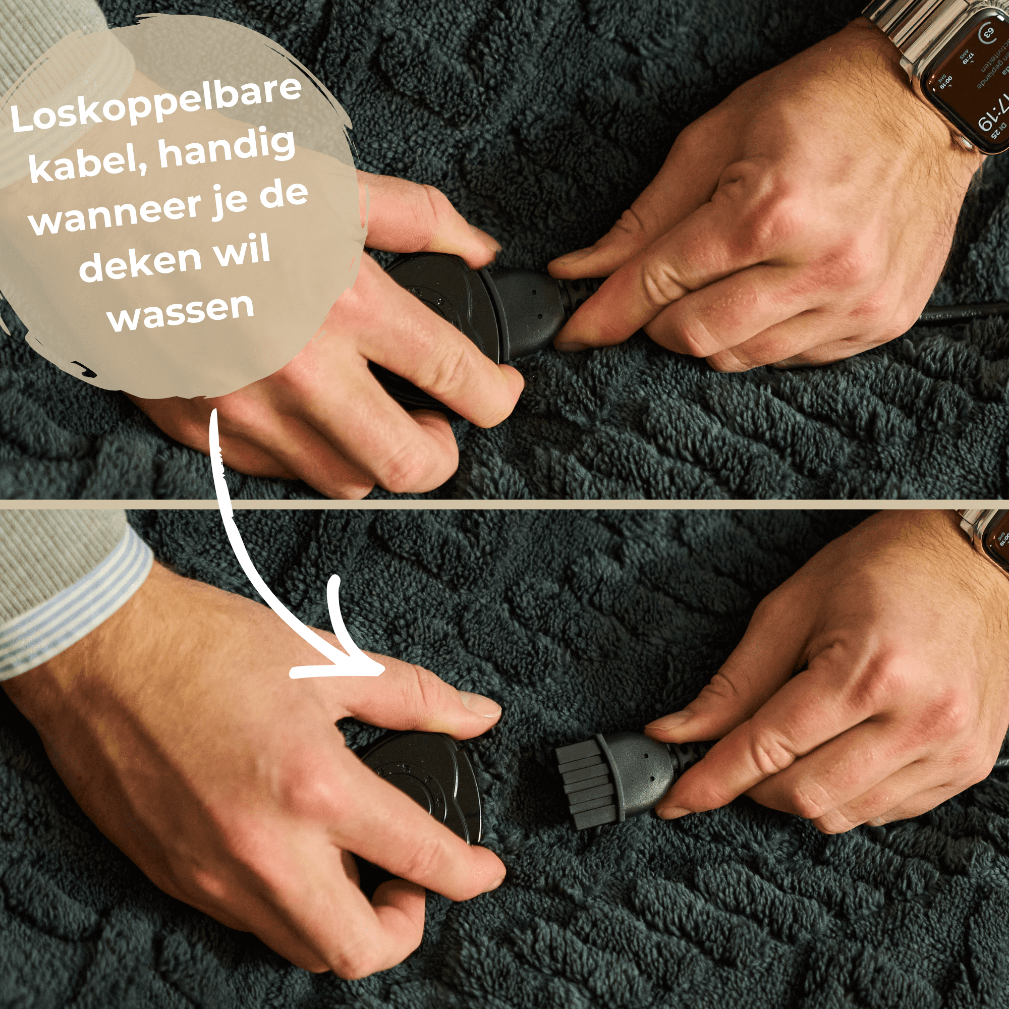 Hände verbinden schwarzes Kabel. Niederländischer Text besagt, dass es zum Waschen der Decke abnehmbar ist. Uhr sichtbar.