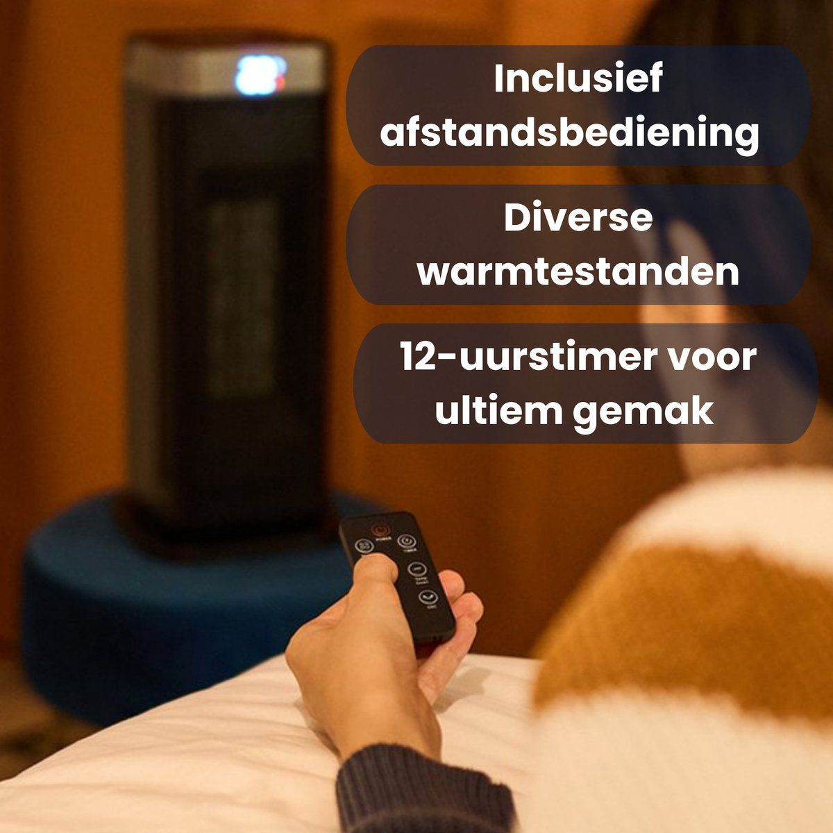 Eine Person hält eine Fernbedienung. Im Hintergrund steht eine Heizung. Text: Fernbedienung, verschiedene Heizstufen, 12-Stunden-Timer.