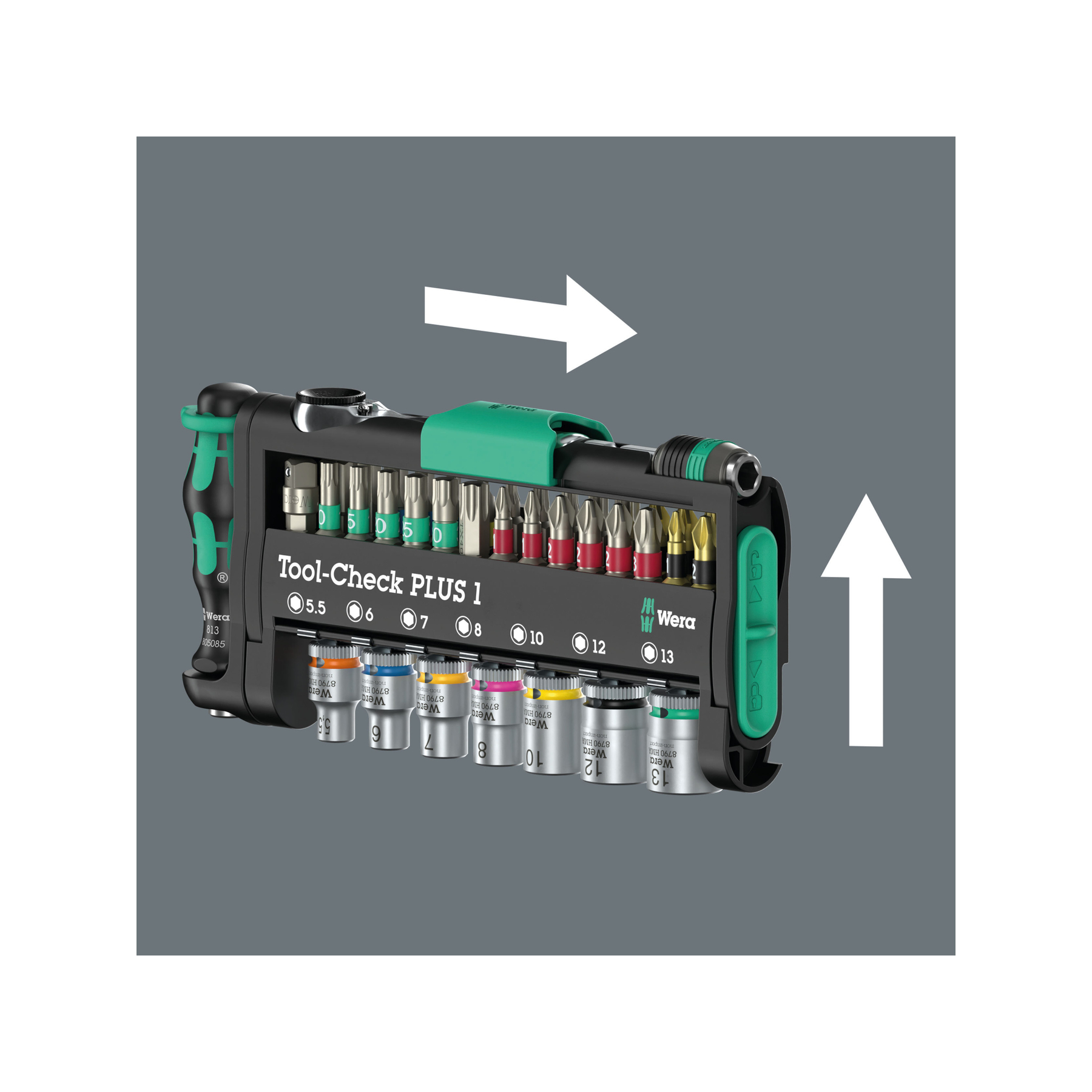 Ein Wera Tool-Check PLUS 1 Set. Es enthält verschiedene Bits und Steckschlüssel, mit weißen Pfeilen, die Richtungen anzeigen.