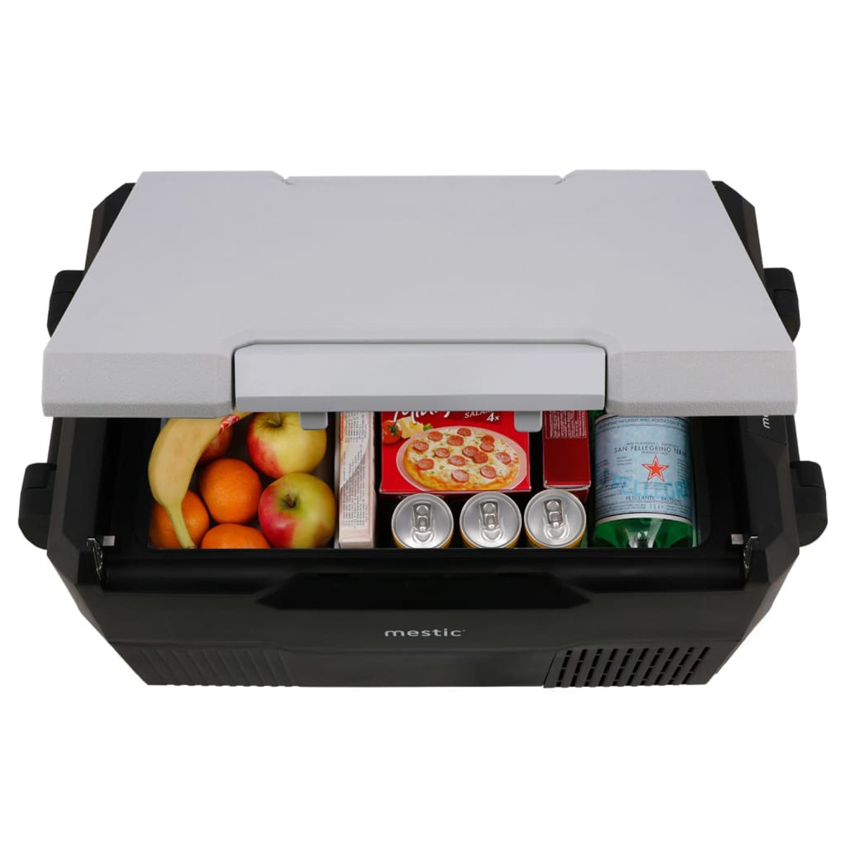 Open cooler with food. Includes fruit, pizza, and drinks. Gray lid, black base, and 'mestic' logo visible.