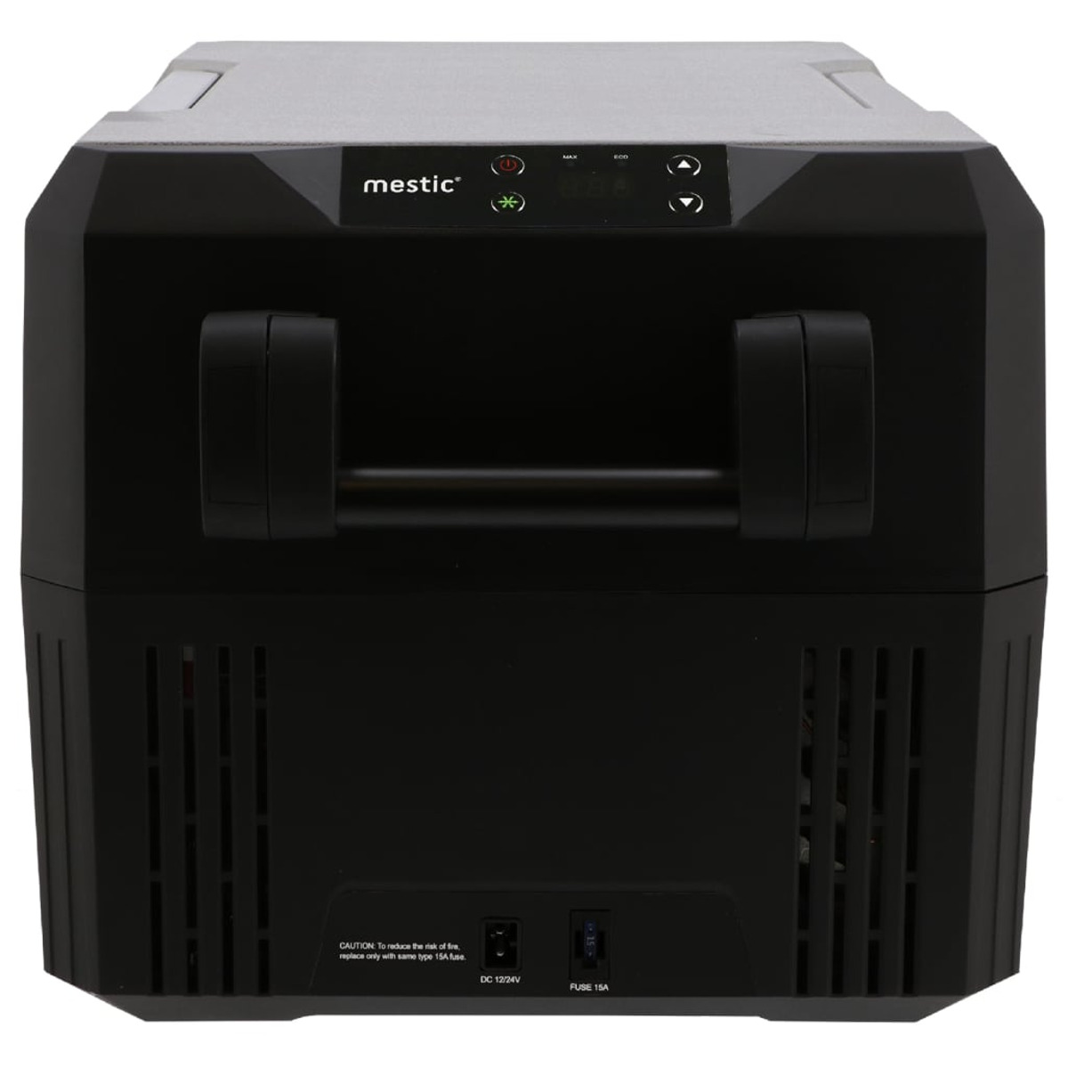 A black and grey Mestic cooler. It has handles, control buttons, and a digital display. Text: DC 12/24V, FUSE 15A.