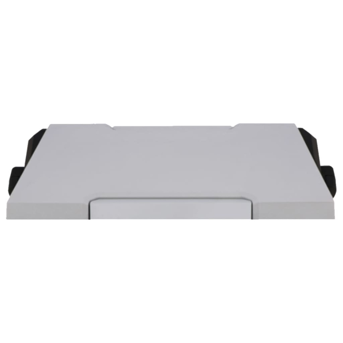 A white, rectangular object with black corners is centered against a white background.