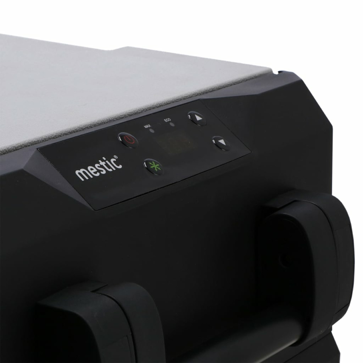 A close-up of a black Mestic cooler with control panel. Buttons include power, max, eco, and temperature settings. A handle is visible.