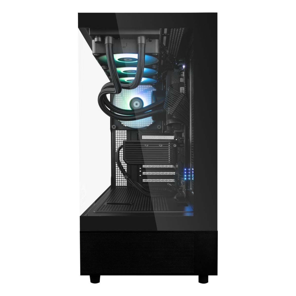 Ein Computerturm mit Glasseitenwand. Sichtbare Komponenten sind Lüfter, ein Kühler und verschiedene Innenteile mit blau-grüner Beleuchtung.