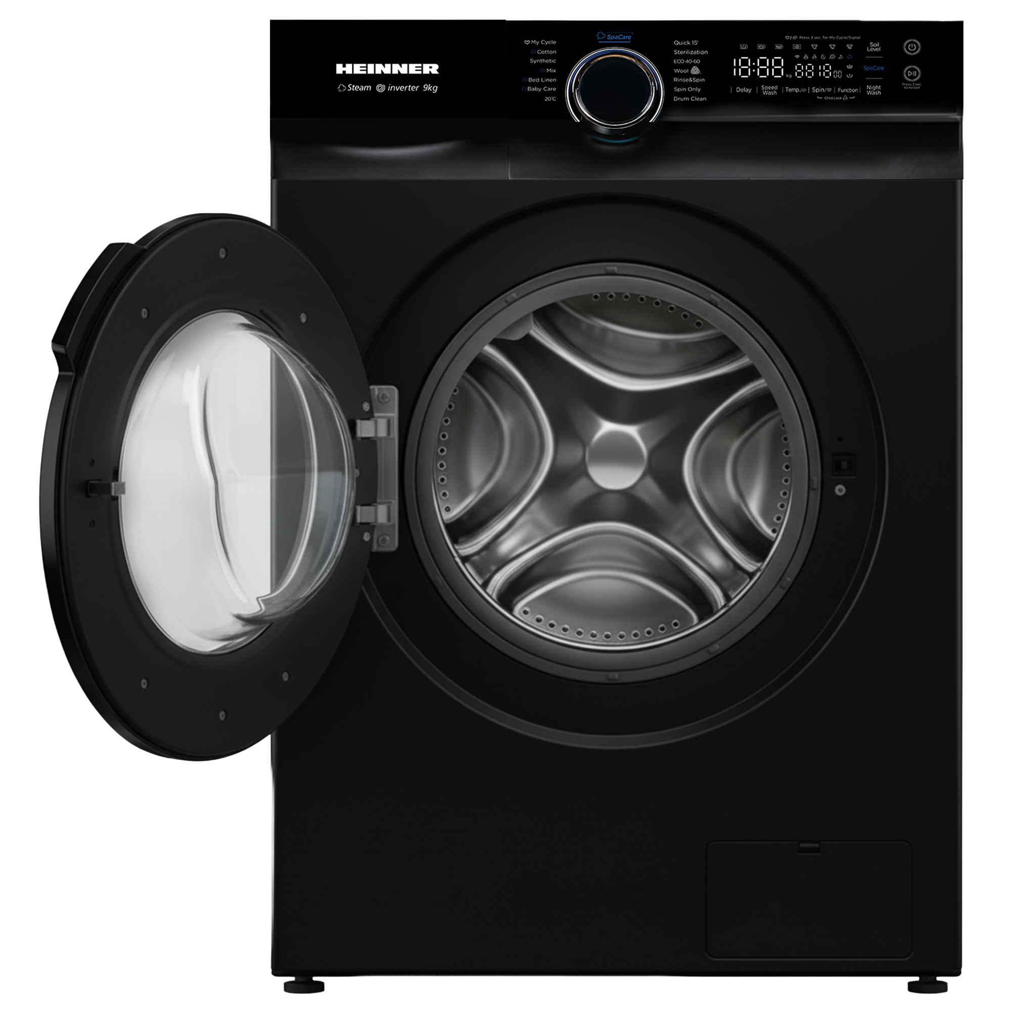 Zwarte wasmachine met open deur. Display toont tijd. Bediening en merknaam zijn zichtbaar.