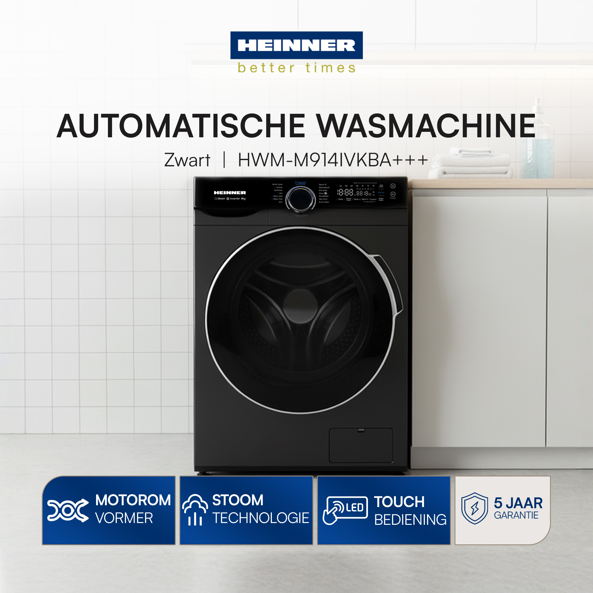 Zwarte wasmachine met digitaal display. Voorzien van stoomtechnologie en touch controls. Inclusief 5 jaar garantie.